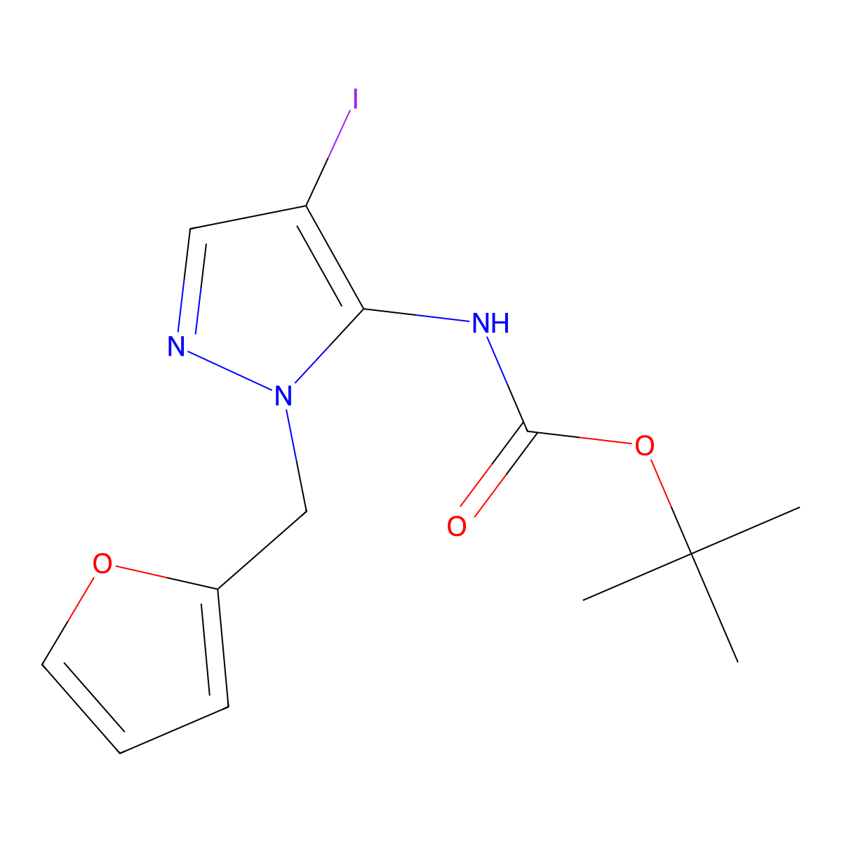 tert-butyl N-{1-[(furan-2-yl)methyl]-4-iodo-1H-pyrazol-5-yl}carbamate molecular structure, CAS 2680674-23-9