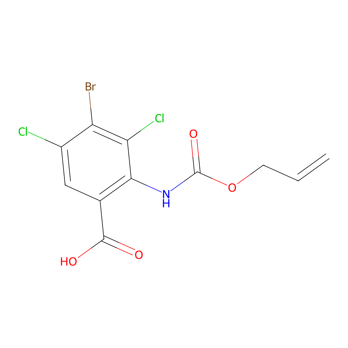 4-Bromo-3,5-dichloro-2-{[(prop-2-en-1-yloxy)carbonyl]amino}benzoic acid molecular structure, CAS 2680674-28-4