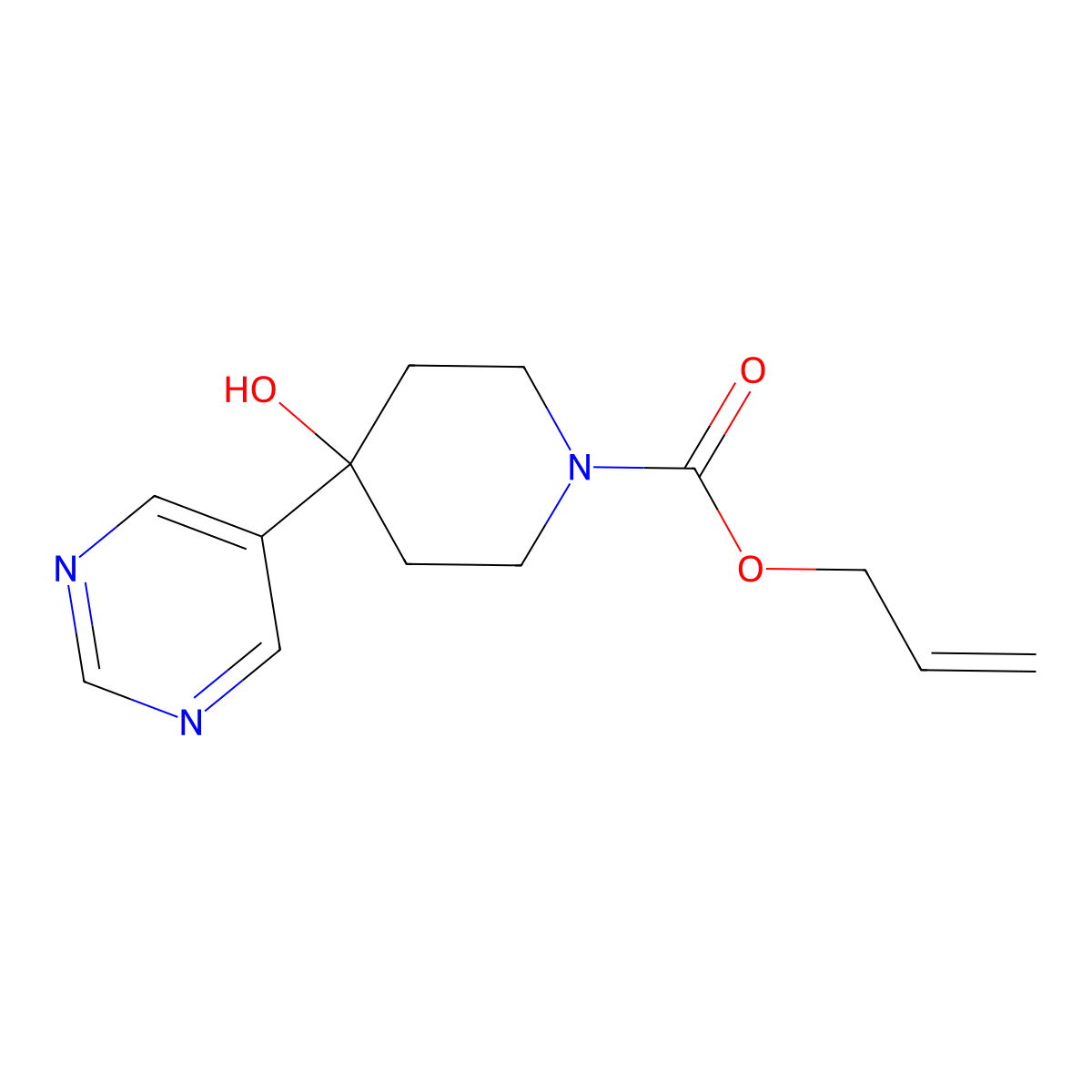 Prop-2-en-1-yl 4-hydroxy-4-(pyrimidin-5-yl)piperidine-1-carboxylate molecular structure, CAS 2680674-56-8
