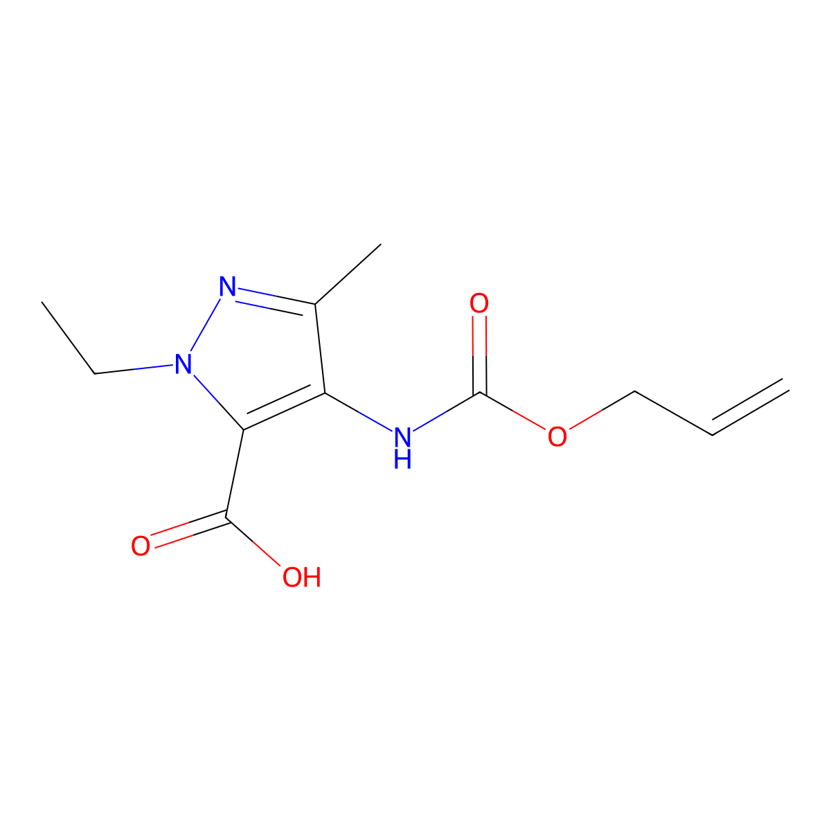 1-ethyl-3-methyl-4-{[(prop-2-en-1-yloxy)carbonyl]amino}-1H-pyrazole-5-carboxylic acid molecular structure, CAS 2680674-61-5