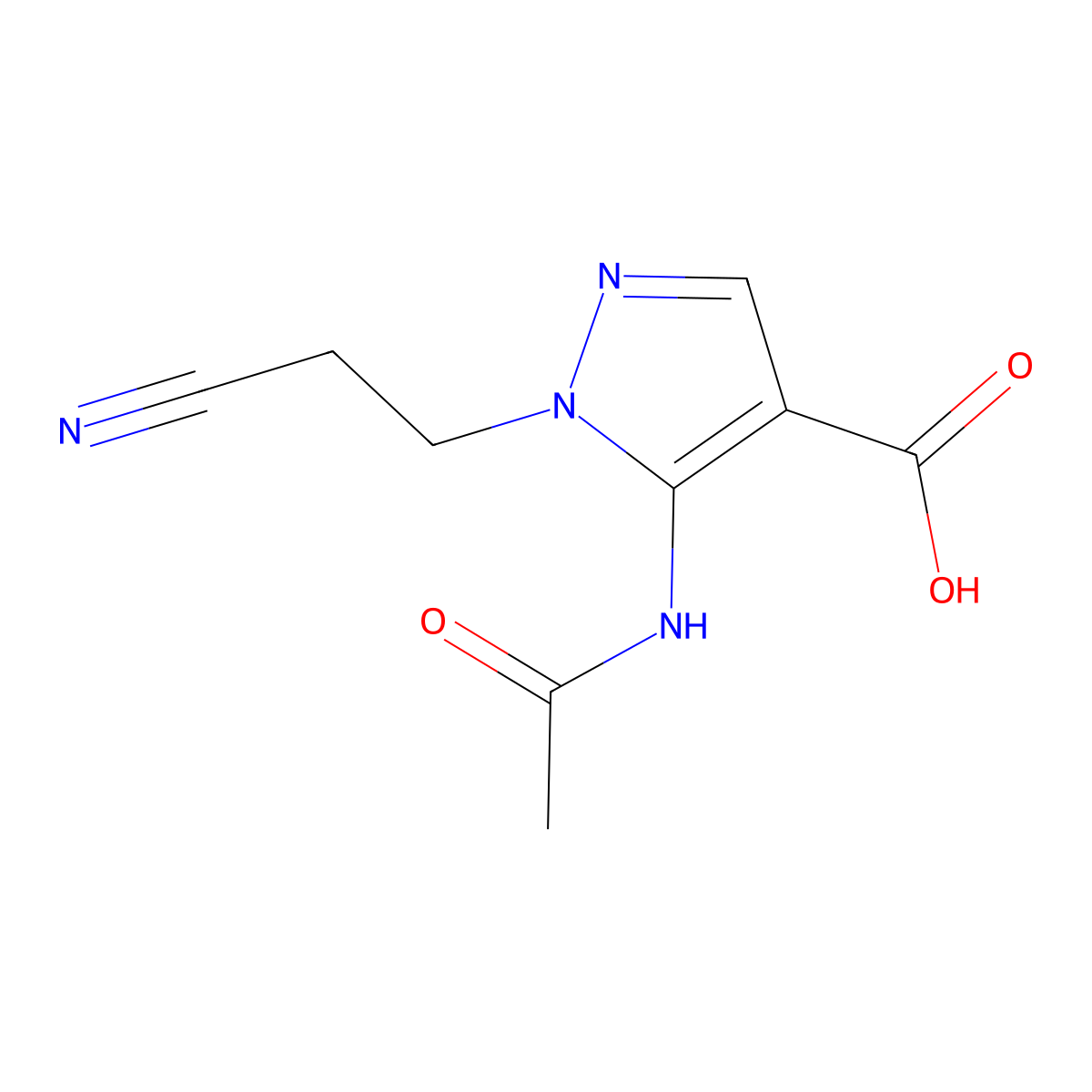 1-(2-cyanoethyl)-5-acetamido-1H-pyrazole-4-carboxylic acid molecular structure, CAS 2680674-74-0