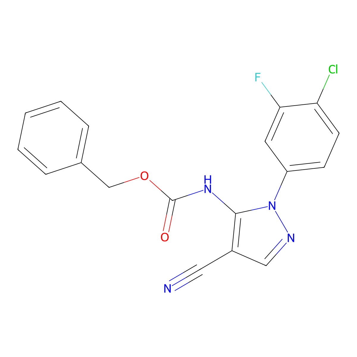 benzyl N-[1-(4-chloro-3-fluorophenyl)-4-cyano-1H-pyrazol-5-yl]carbamate molecular structure, CAS 2680675-42-5