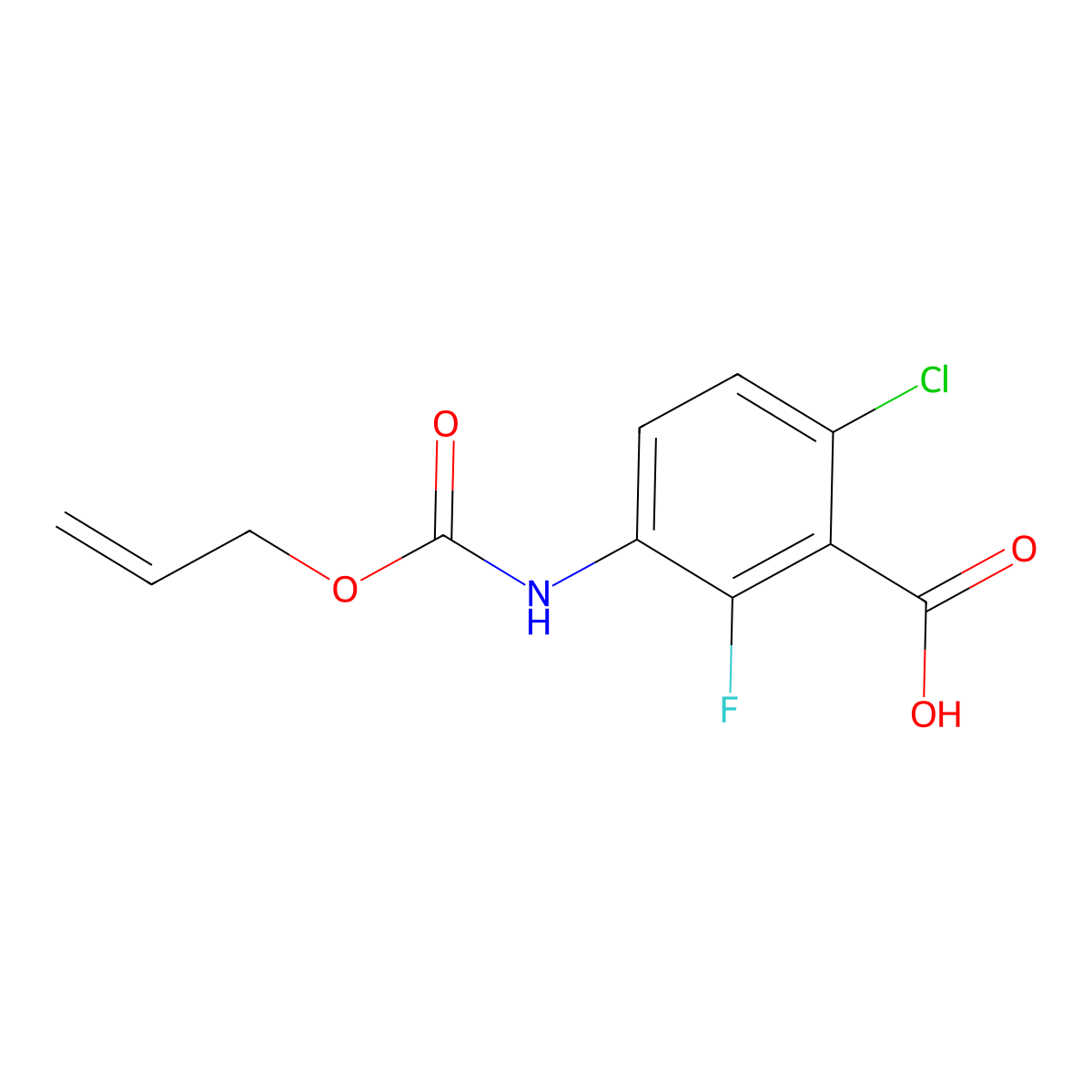 6-Chloro-2-fluoro-3-{[(prop-2-en-1-yloxy)carbonyl]amino}benzoic acid molecular structure, CAS 2680676-03-1