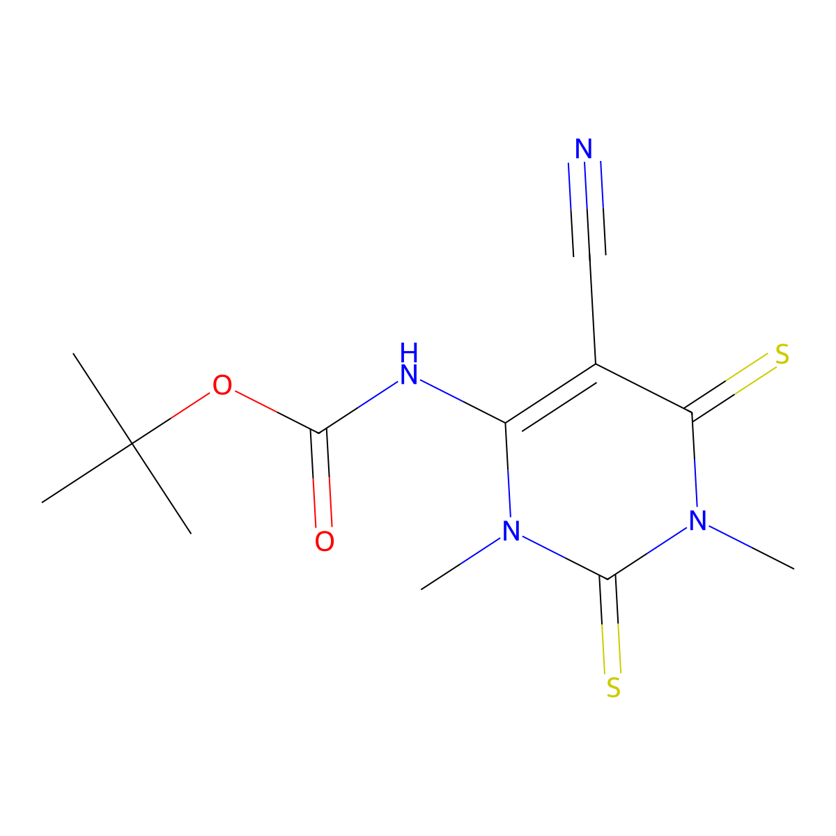 tert-butyl N-(5-cyano-1,3-dimethyl-2,6-disulfanylidene-1,2,3,6-tetrahydropyrimidin-4-yl)carbamate molecular structure, CAS 2680676-20-2