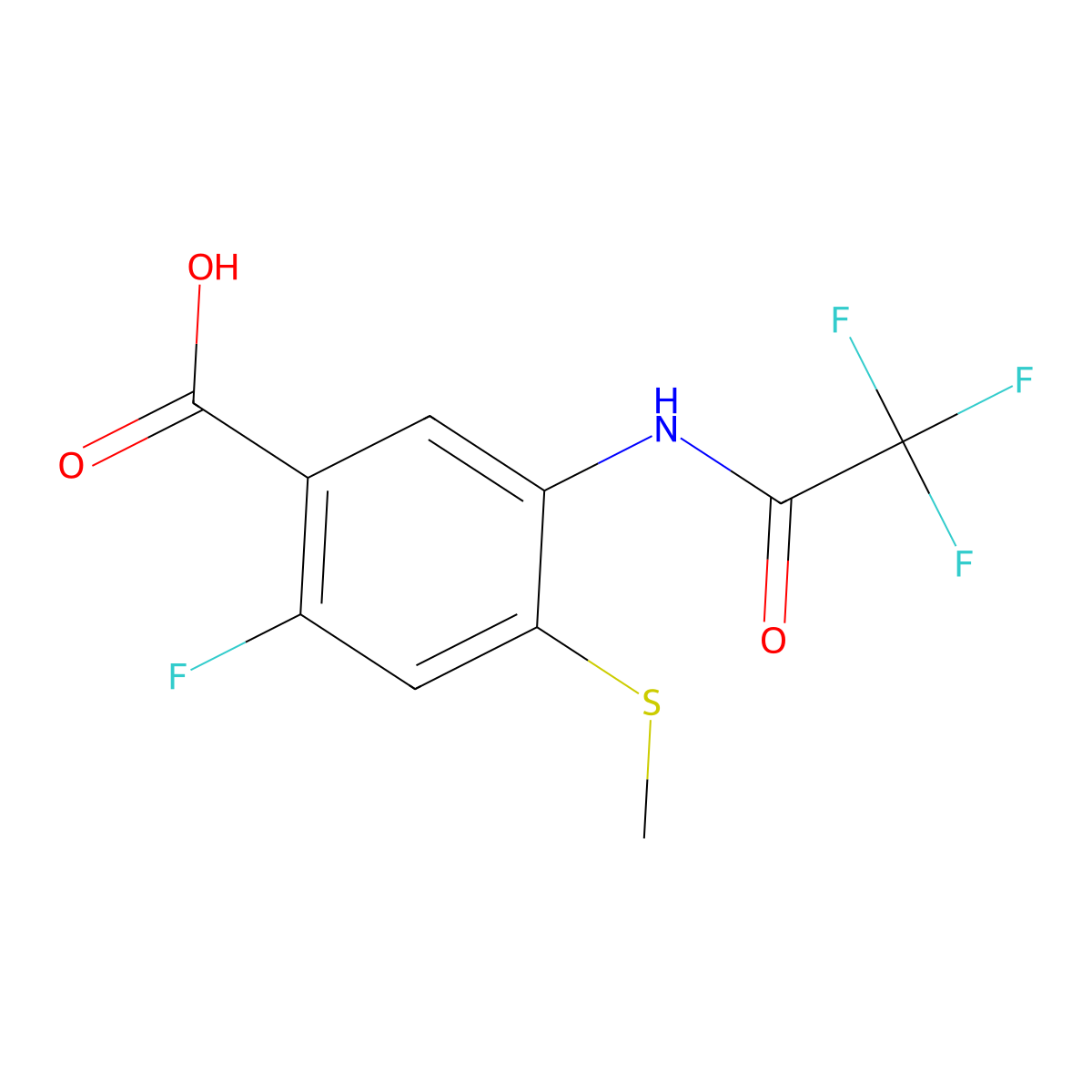 2-Fluoro-4-(methylsulfanyl)-5-(2,2,2-trifluoroacetamido)benzoic acid molecular structure, CAS 2680676-41-7