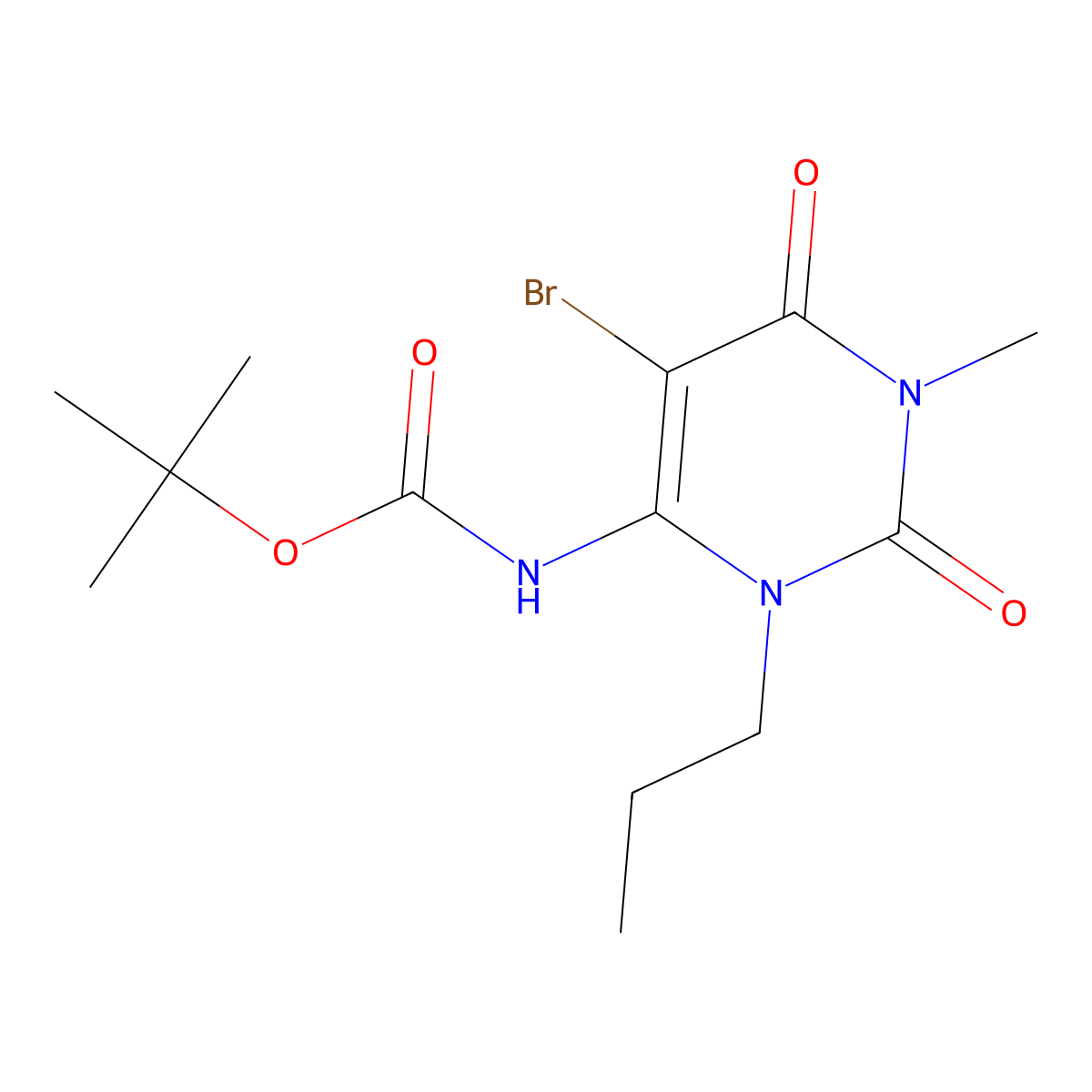 tert-butyl N-(5-bromo-1-methyl-2,6-dioxo-3-propyl-1,2,3,6-tetrahydropyrimidin-4-yl)carbamate molecular structure, CAS 2680676-95-1