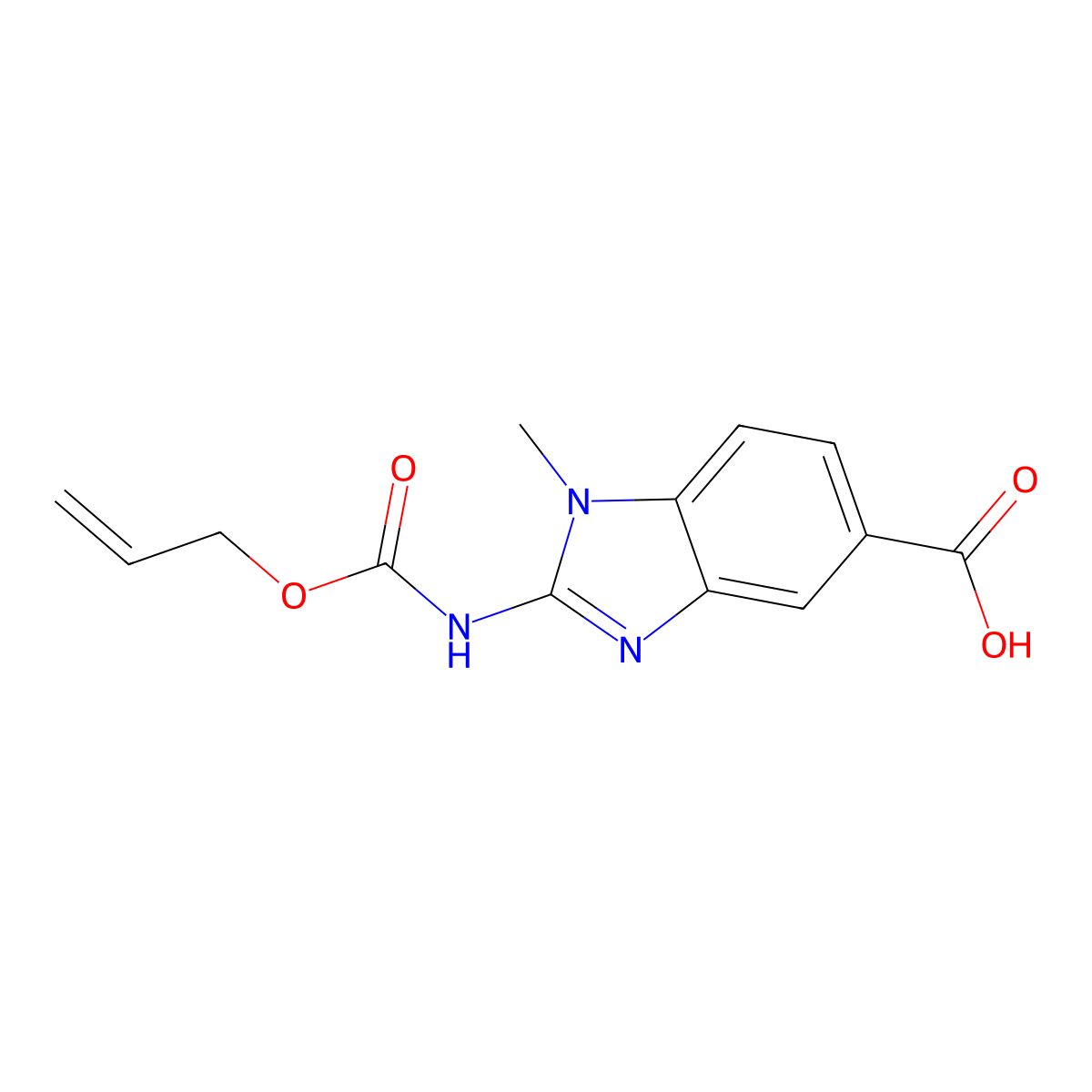 1-methyl-2-{[(prop-2-en-1-yloxy)carbonyl]amino}-1H-1,3-benzodiazole-5-carboxylic acid molecular structure, CAS 2680678-00-4