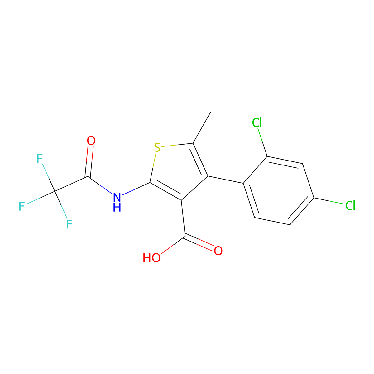 4-(2,4-Dichlorophenyl)-5-methyl-2-(2,2,2-trifluoroacetamido)thiophene-3-carboxylic acid molecular structure, CAS 2680678-35-5