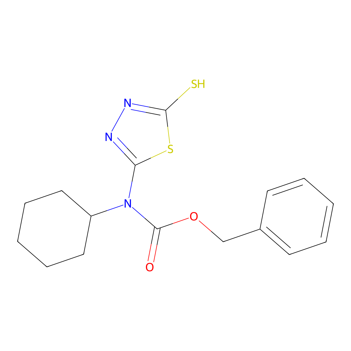 benzyl N-cyclohexyl-N-(5-sulfanyl-1,3,4-thiadiazol-2-yl)carbamate molecular structure, CAS 2680679-77-8