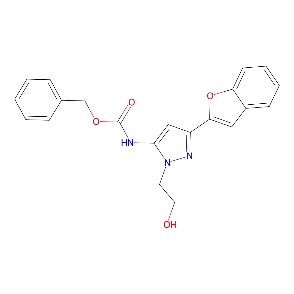 benzyl N-[3-(1-benzofuran-2-yl)-1-(2-hydroxyethyl)-1H-pyrazol-5-yl]carbamate molecular structure, CAS 2680680-06-0