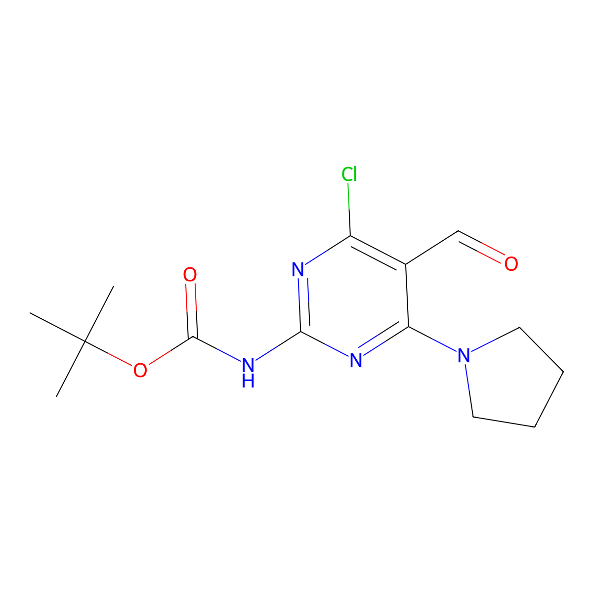 tert-butyl N-[4-chloro-5-formyl-6-(pyrrolidin-1-yl)pyrimidin-2-yl]carbamate molecular structure, CAS 2680680-29-7