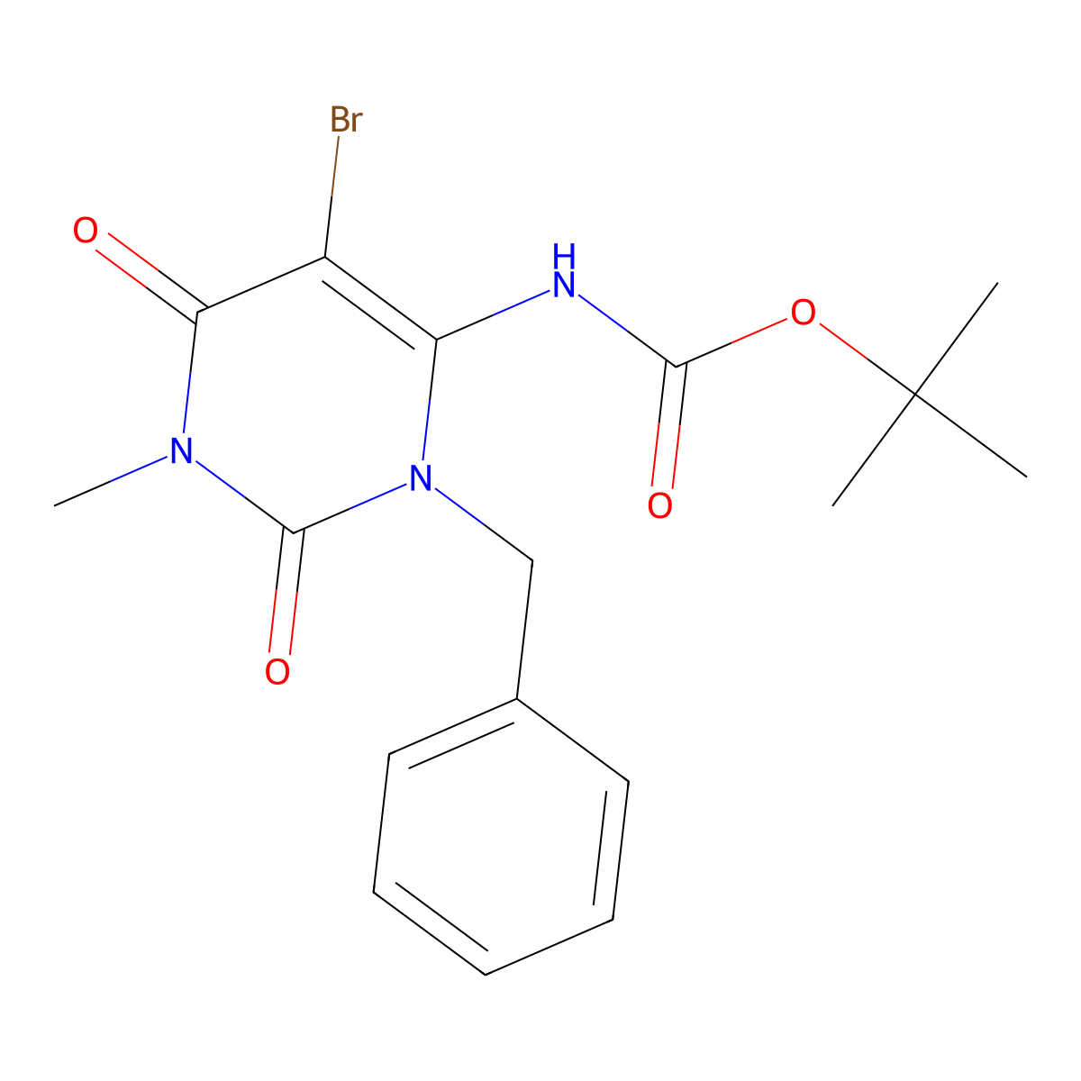 tert-butyl N-(3-benzyl-5-bromo-1-methyl-2,6-dioxo-1,2,3,6-tetrahydropyrimidin-4-yl)carbamate molecular structure, CAS 2680680-44-6