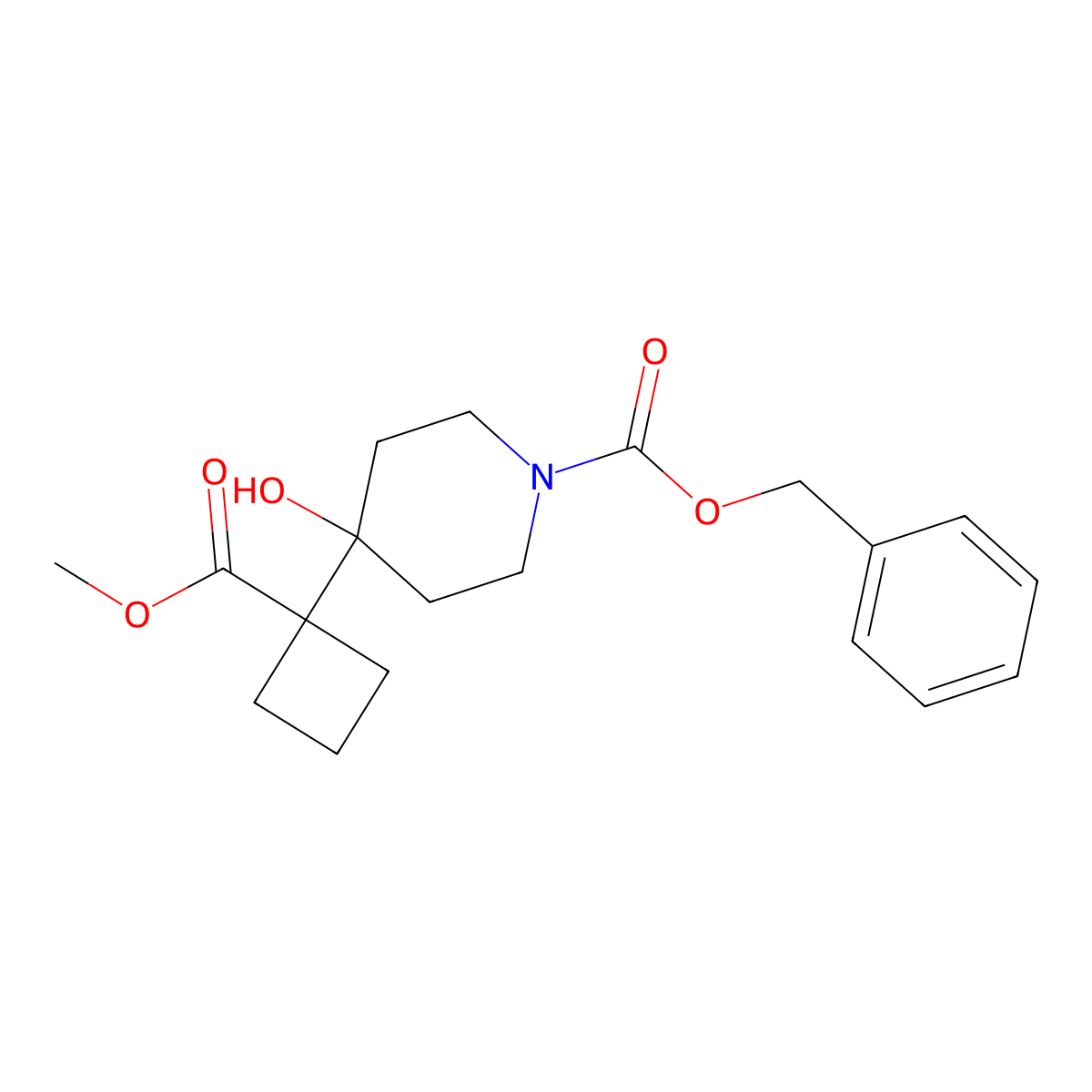 Benzyl 4-hydroxy-4-[1-(methoxycarbonyl)cyclobutyl]piperidine-1-carboxylate molecular structure, CAS 2680681-13-2