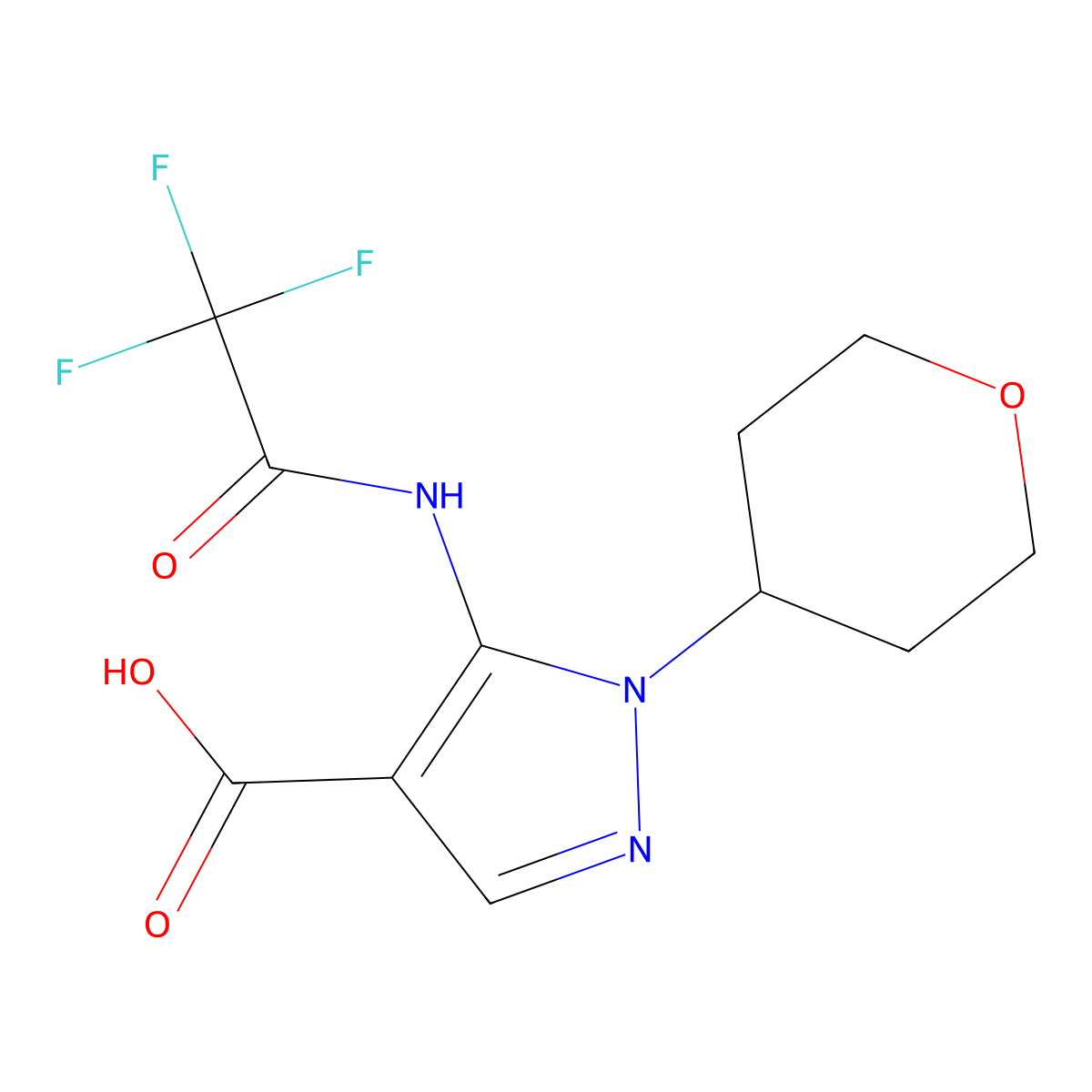 1-(oxan-4-yl)-5-(2,2,2-trifluoroacetamido)-1H-pyrazole-4-carboxylic acid molecular structure, CAS 2680682-24-8