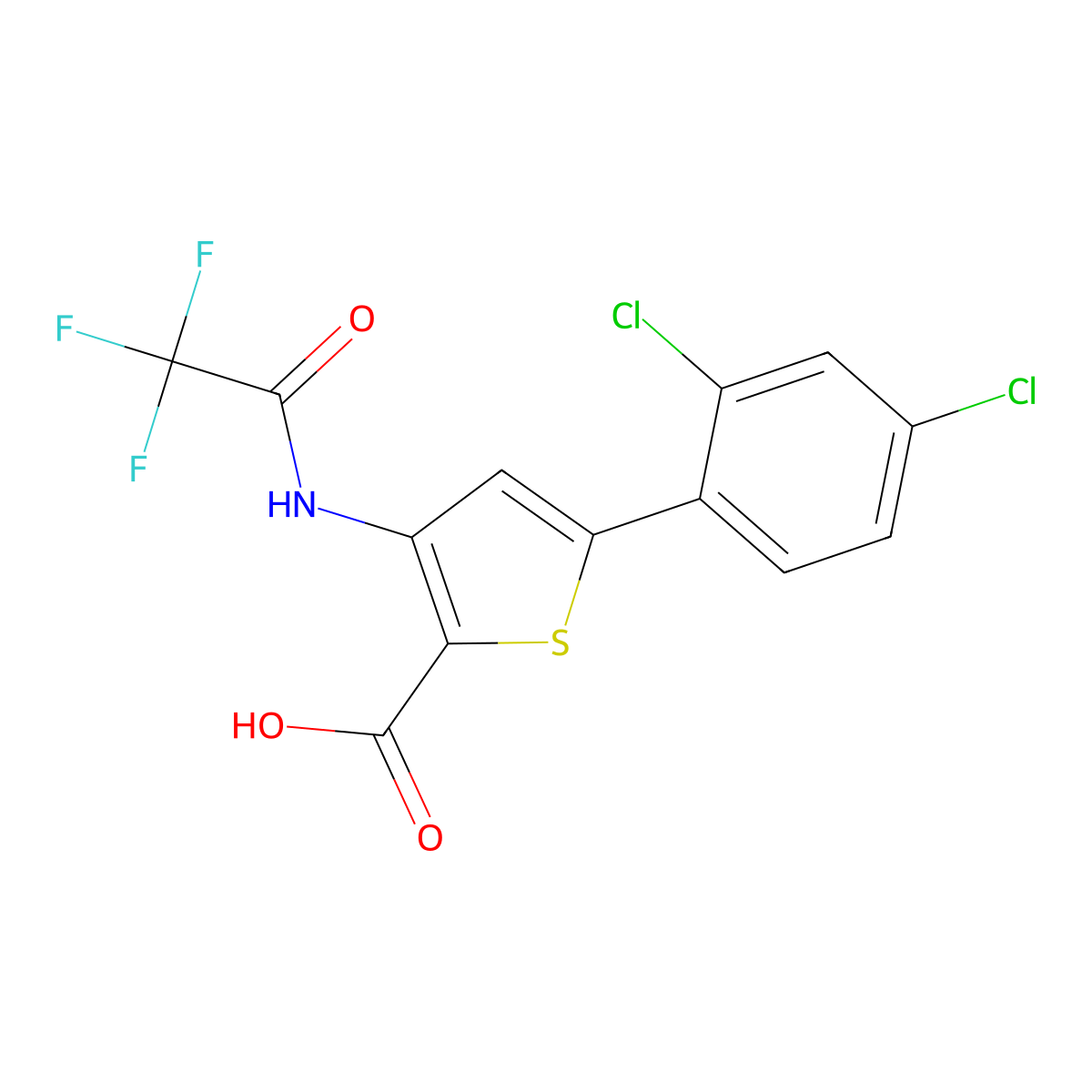 5-(2,4-Dichlorophenyl)-3-(2,2,2-trifluoroacetamido)thiophene-2-carboxylic acid molecular structure, CAS 2680682-64-6