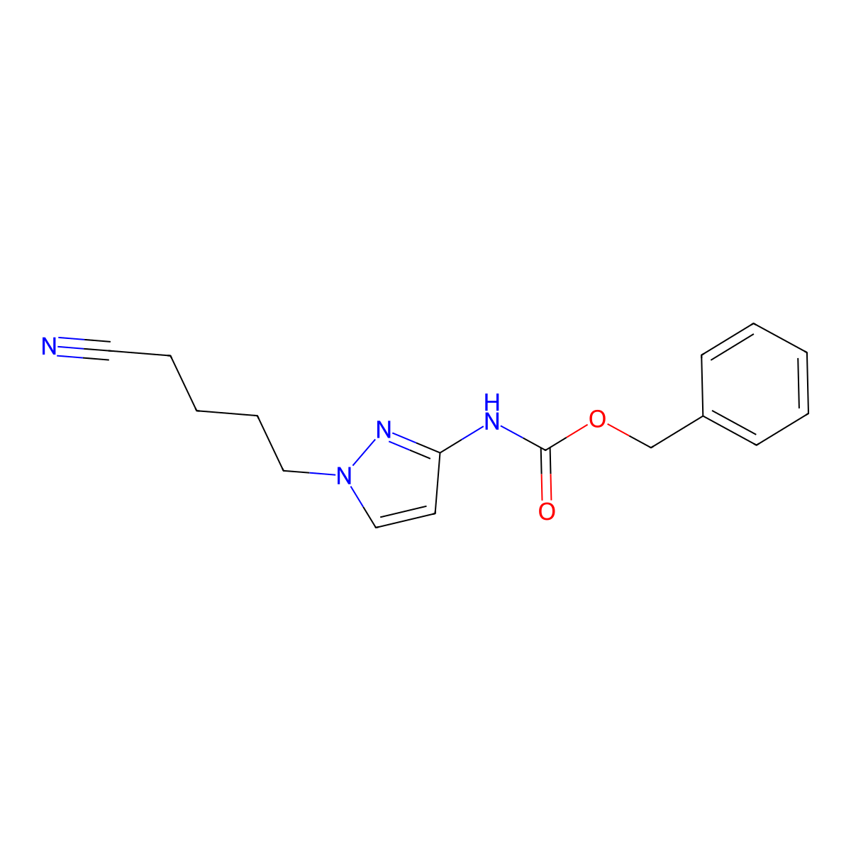 benzyl N-[1-(4-cyanobutyl)-1H-pyrazol-3-yl]carbamate molecular structure, CAS 2680683-22-9