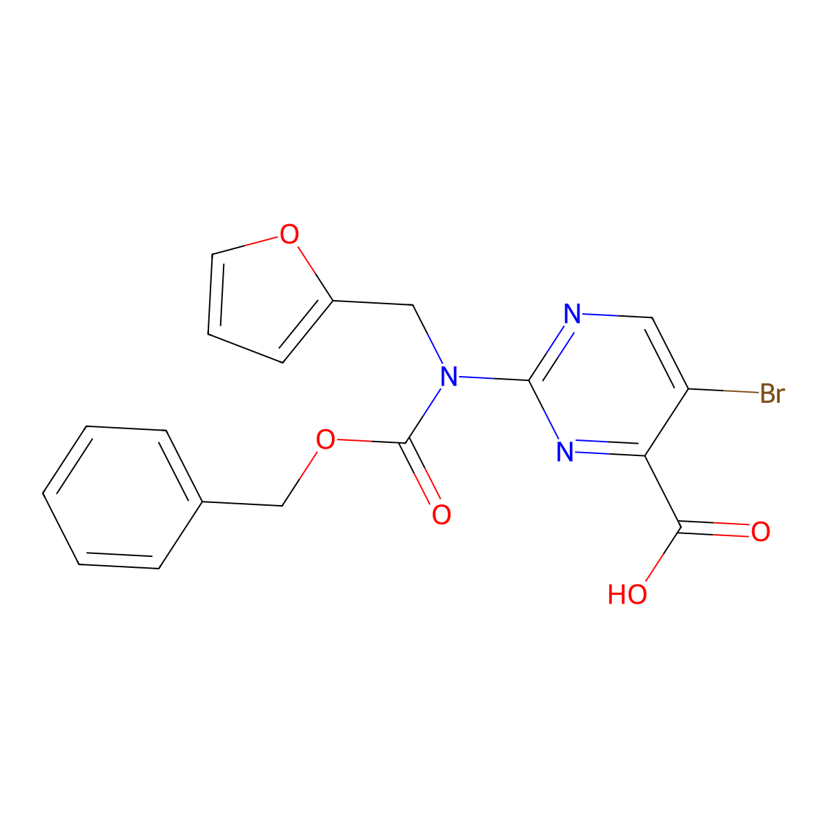 2-{[(Benzyloxy)carbonyl][(furan-2-yl)methyl]amino}-5-bromopyrimidine-4-carboxylic acid molecular structure, CAS 2680683-25-2