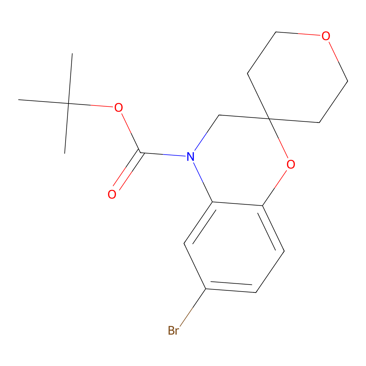 Tert-butyl 6-bromo-3,4-dihydrospiro[1,4-benzoxazine-2,4'-oxane]-4-carboxylate molecular structure, CAS 2680683-51-4