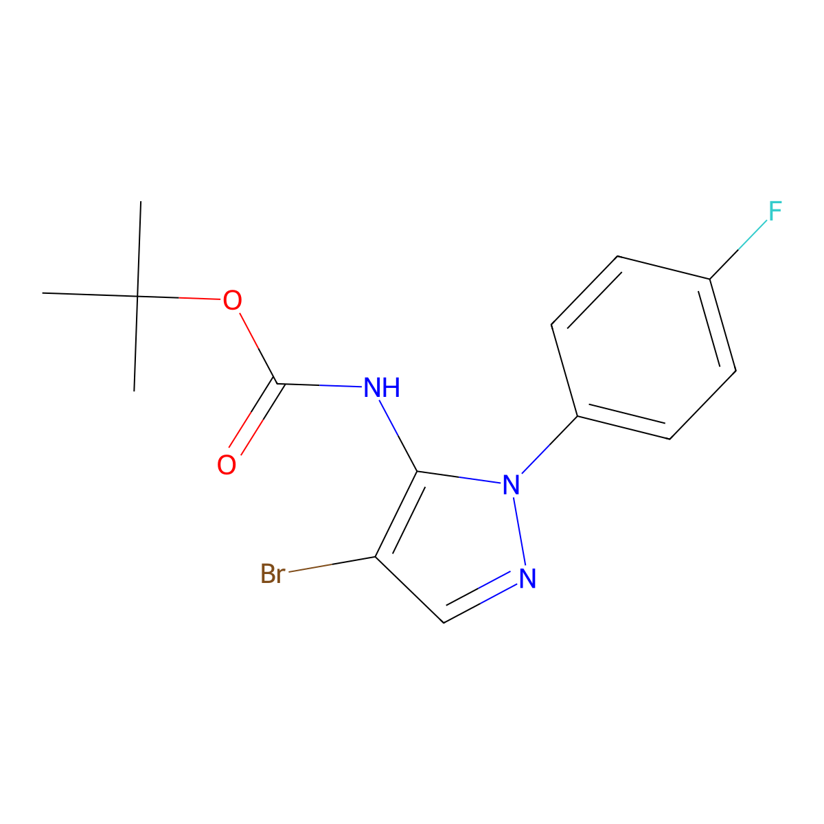 tert-butyl N-[4-bromo-1-(4-fluorophenyl)-1H-pyrazol-5-yl]carbamate molecular structure, CAS 2680683-57-0