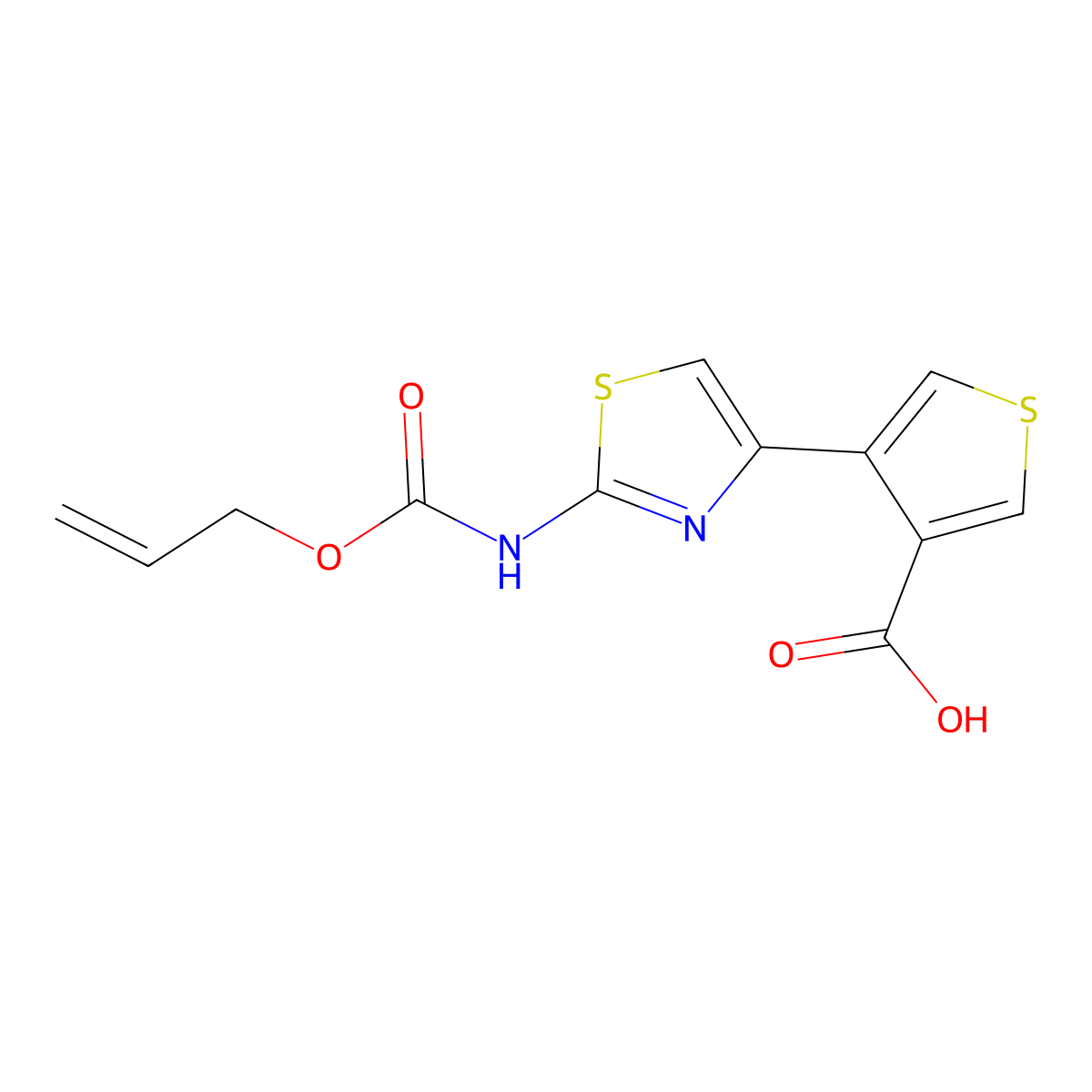 4-(2-{[(Prop-2-en-1-yloxy)carbonyl]amino}-1,3-thiazol-4-yl)thiophene-3-carboxylic acid molecular structure, CAS 2680683-66-1