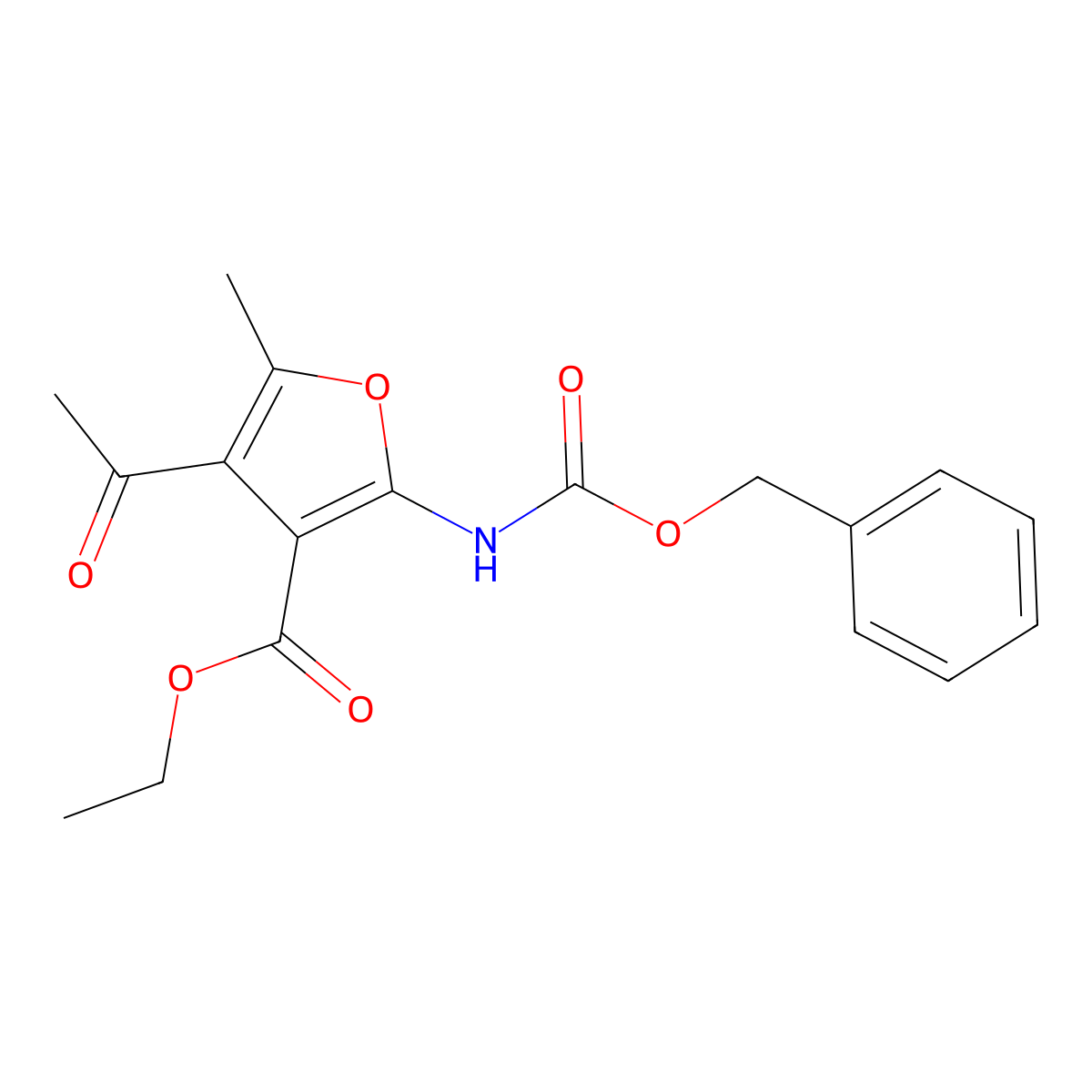 Ethyl 4-acetyl-2-{[(benzyloxy)carbonyl]amino}-5-methylfuran-3-carboxylate molecular structure, CAS 2680683-83-2