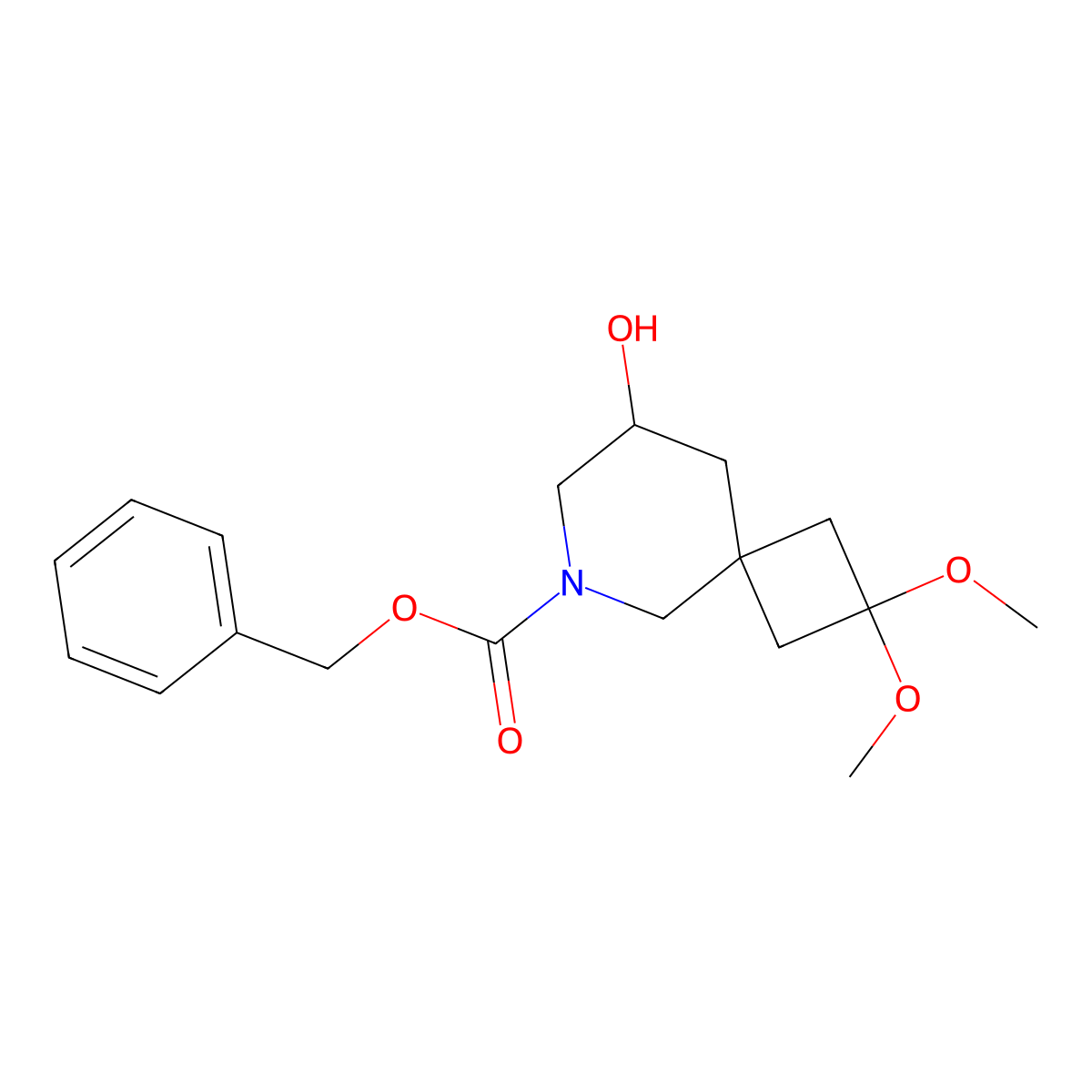 Benzyl 8-hydroxy-2,2-dimethoxy-6-azaspiro[3.5]nonane-6-carboxylate molecular structure, CAS 2680683-85-4
