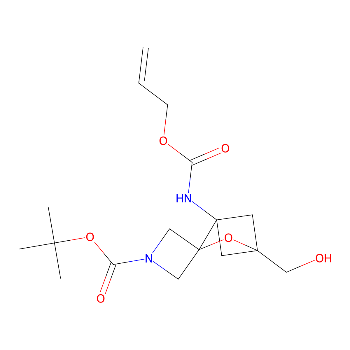 Tert-butyl 4'-(hydroxymethyl)-1'-{[(prop-2-en-1-yloxy)carbonyl]amino}-3'-oxaspiro[azetidine-3,2'-bicyclo[2.1.1]hexane]-1-carboxylate molecular structure, CAS 2680684-03-9