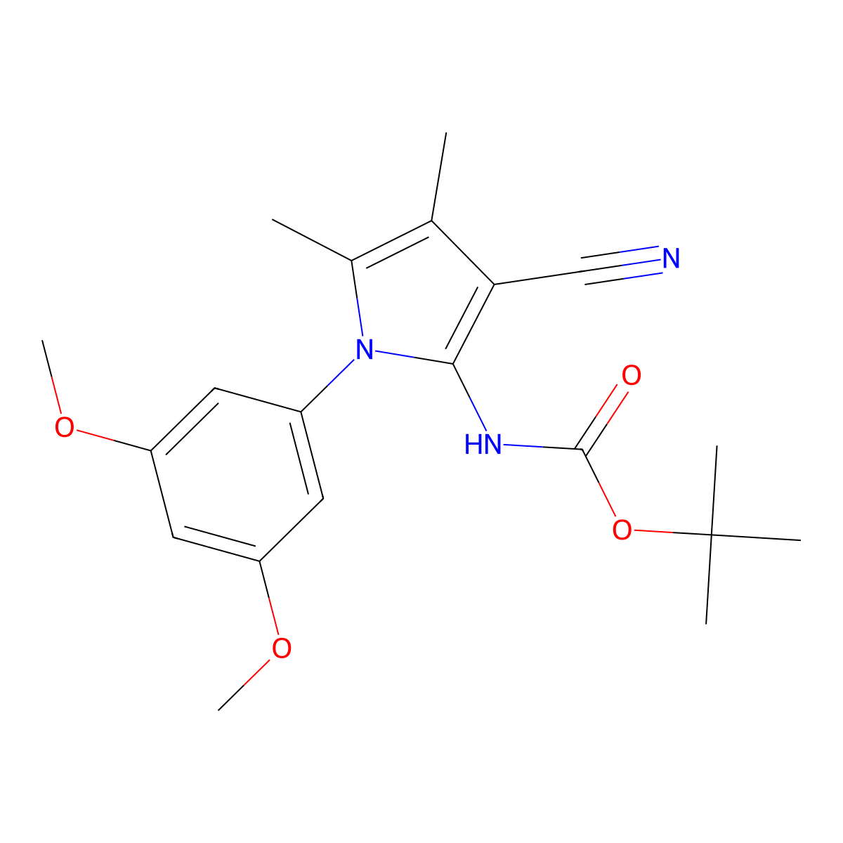 tert-butyl N-[3-cyano-1-(3,5-dimethoxyphenyl)-4,5-dimethyl-1H-pyrrol-2-yl]carbamate molecular structure, CAS 2680685-38-3