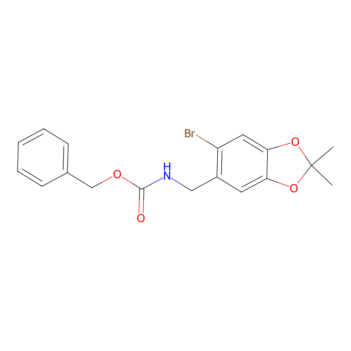 benzyl N-[(6-bromo-2,2-dimethyl-1,3-dioxaindan-5-yl)methyl]carbamate molecular structure, CAS 2680685-85-0
