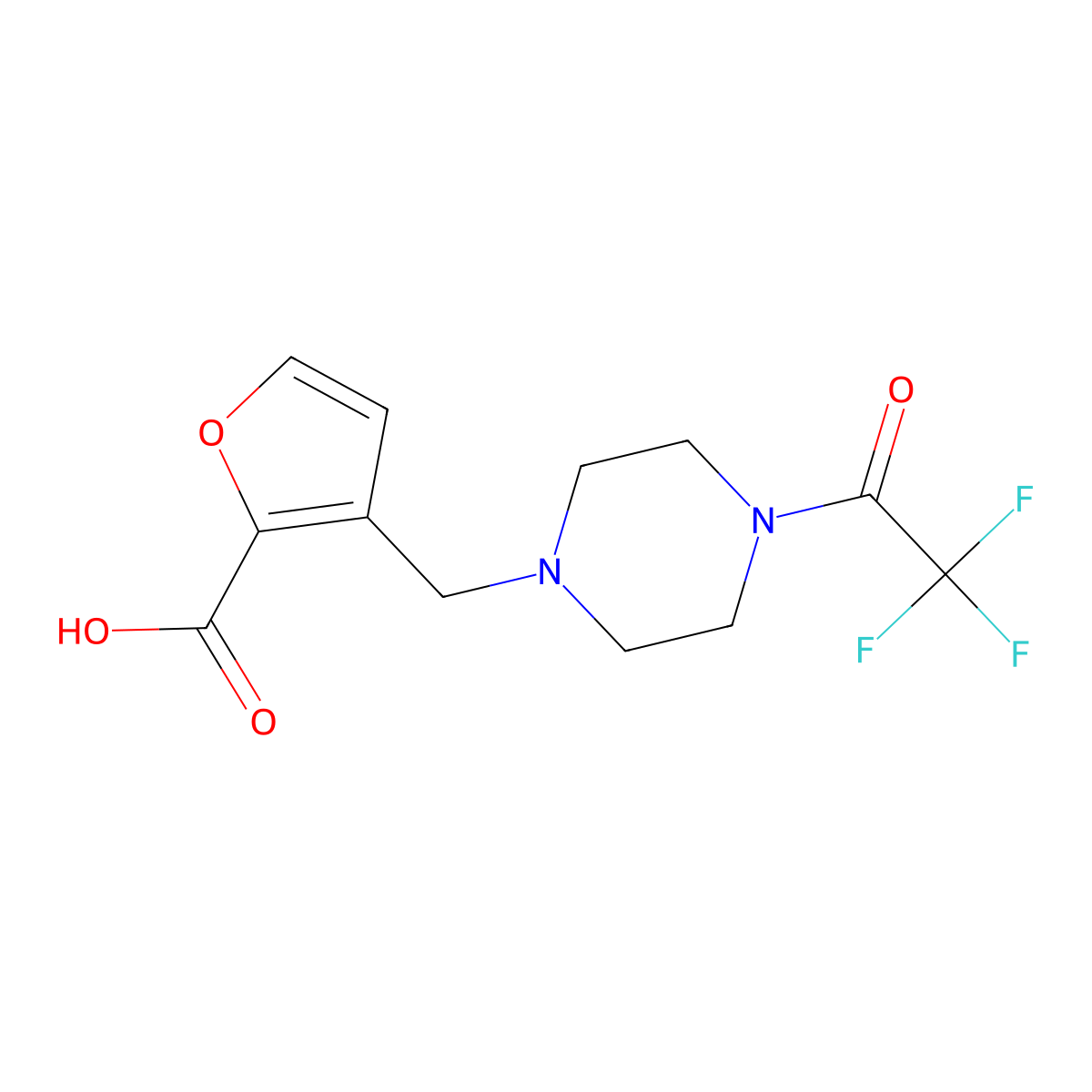 3-{[4-(2,2,2-Trifluoroacetyl)piperazin-1-yl]methyl}furan-2-carboxylic acid molecular structure, CAS 2680686-33-1