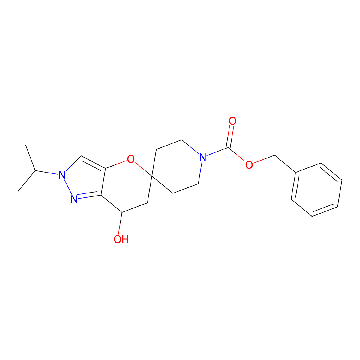 benzyl 7'-hydroxy-2'-(propan-2-yl)-6',7'-dihydro-2'H-spiro[piperidine-4,5'-pyrano[3,2-c]pyrazole]-1-carboxylate molecular structure, CAS 2680686-65-9