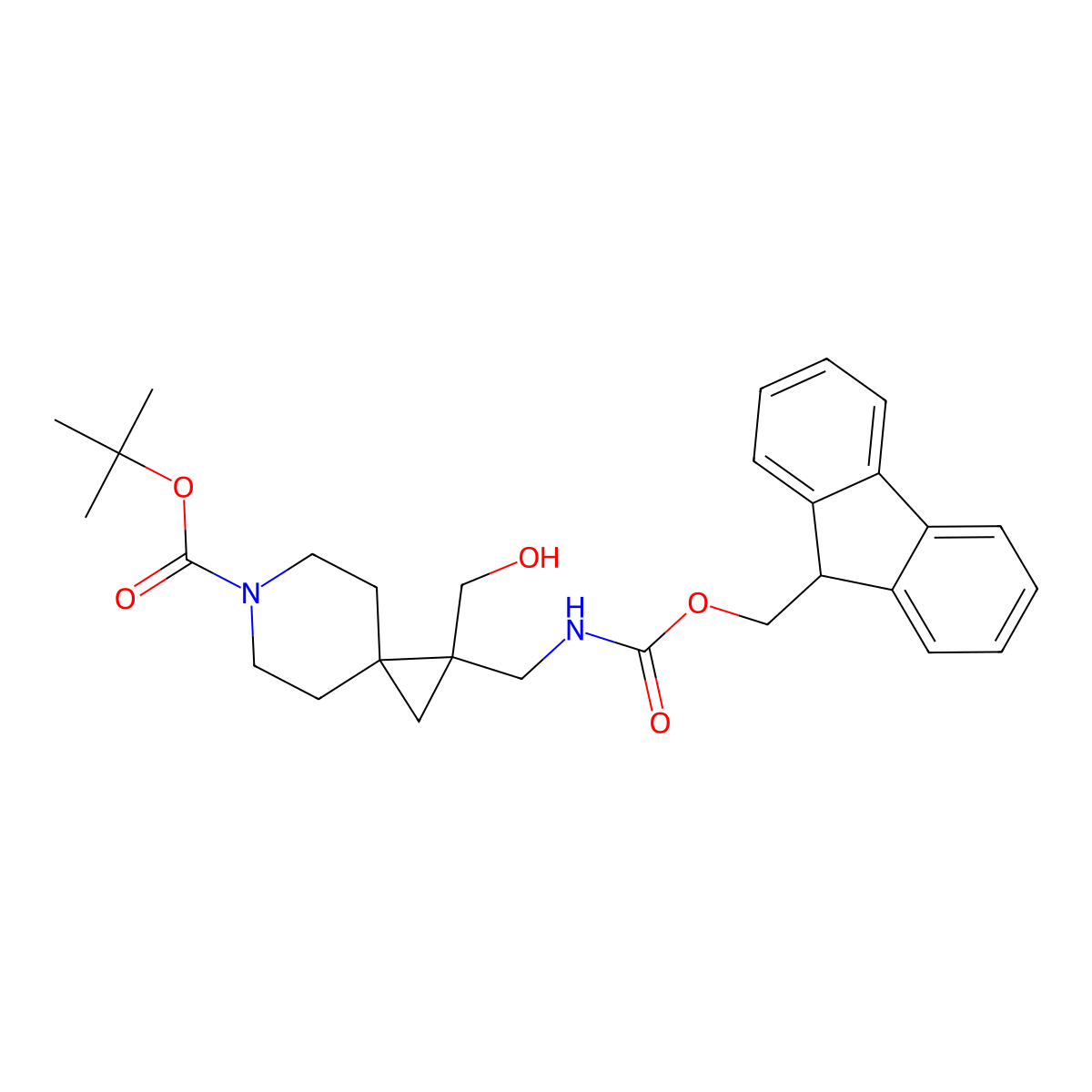 tert-butyl 1-[({[(9H-fluoren-9-yl)methoxy]carbonyl}amino)methyl]-1-(hydroxymethyl)-6-azaspiro[2.5]octane-6-carboxylate molecular structure, CAS 2680687-09-4