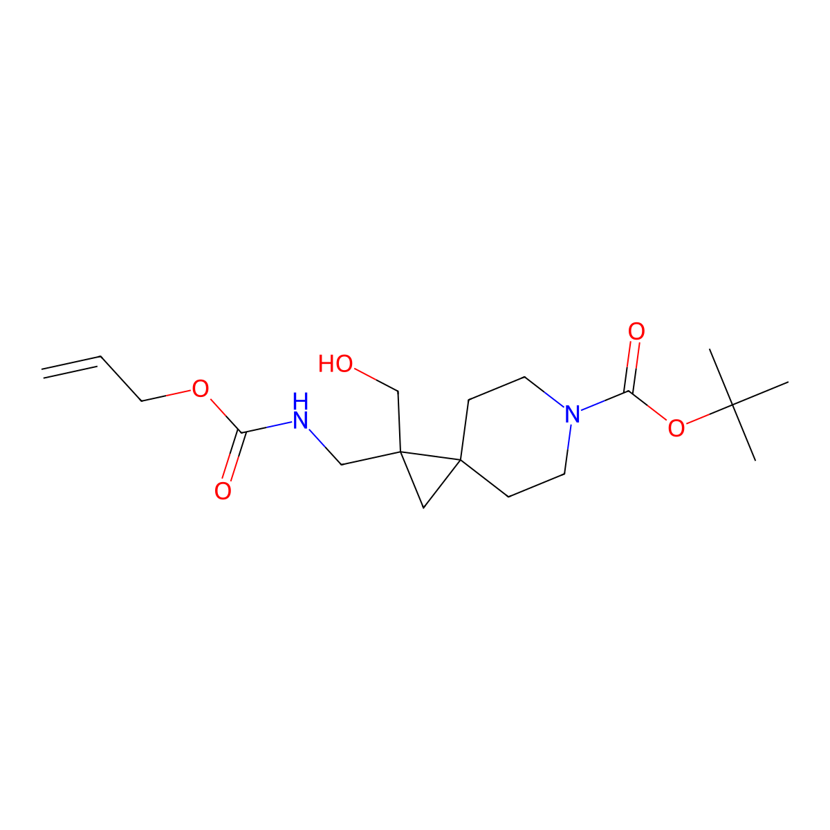 Tert-butyl 1-(hydroxymethyl)-1-({[(prop-2-en-1-yloxy)carbonyl]amino}methyl)-6-azaspiro[2.5]octane-6-carboxylate molecular structure, CAS 2680687-45-8
