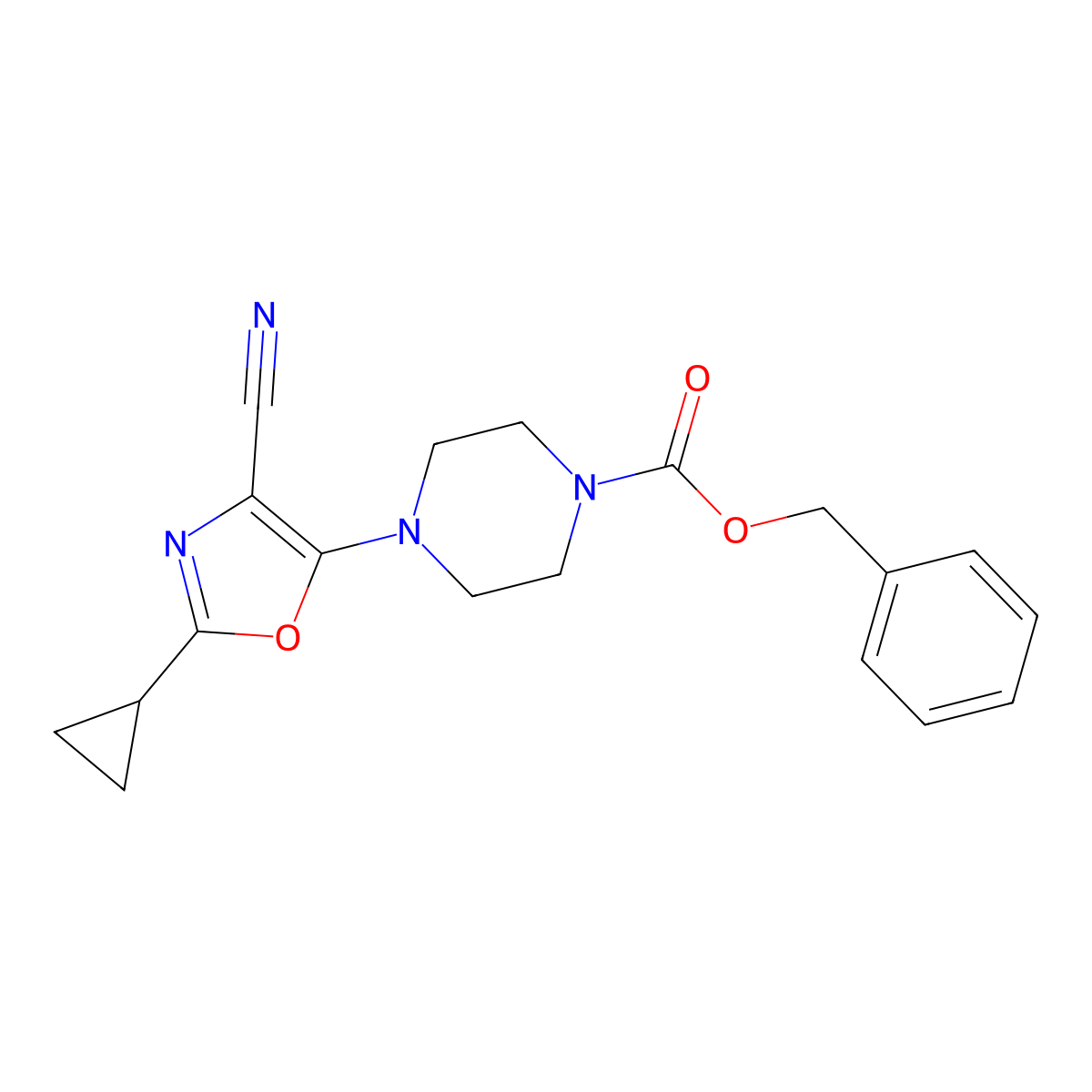 Benzyl 4-(4-cyano-2-cyclopropyl-1,3-oxazol-5-yl)piperazine-1-carboxylate molecular structure, CAS 2680687-60-7