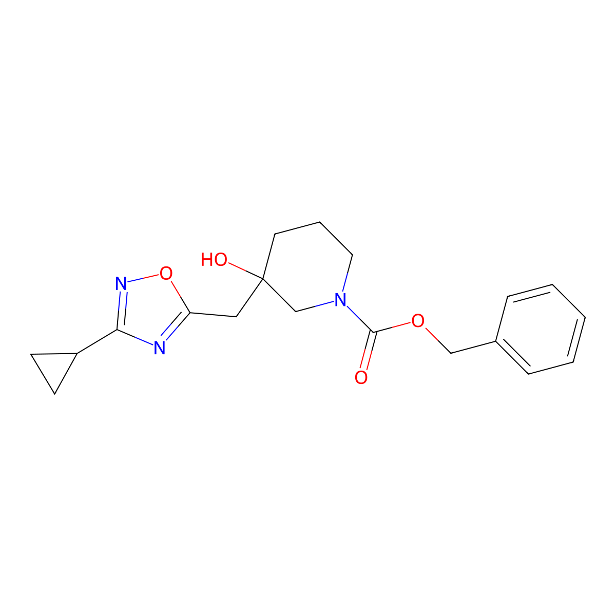 Benzyl 3-[(3-cyclopropyl-1,2,4-oxadiazol-5-yl)methyl]-3-hydroxypiperidine-1-carboxylate molecular structure, CAS 2680687-90-3