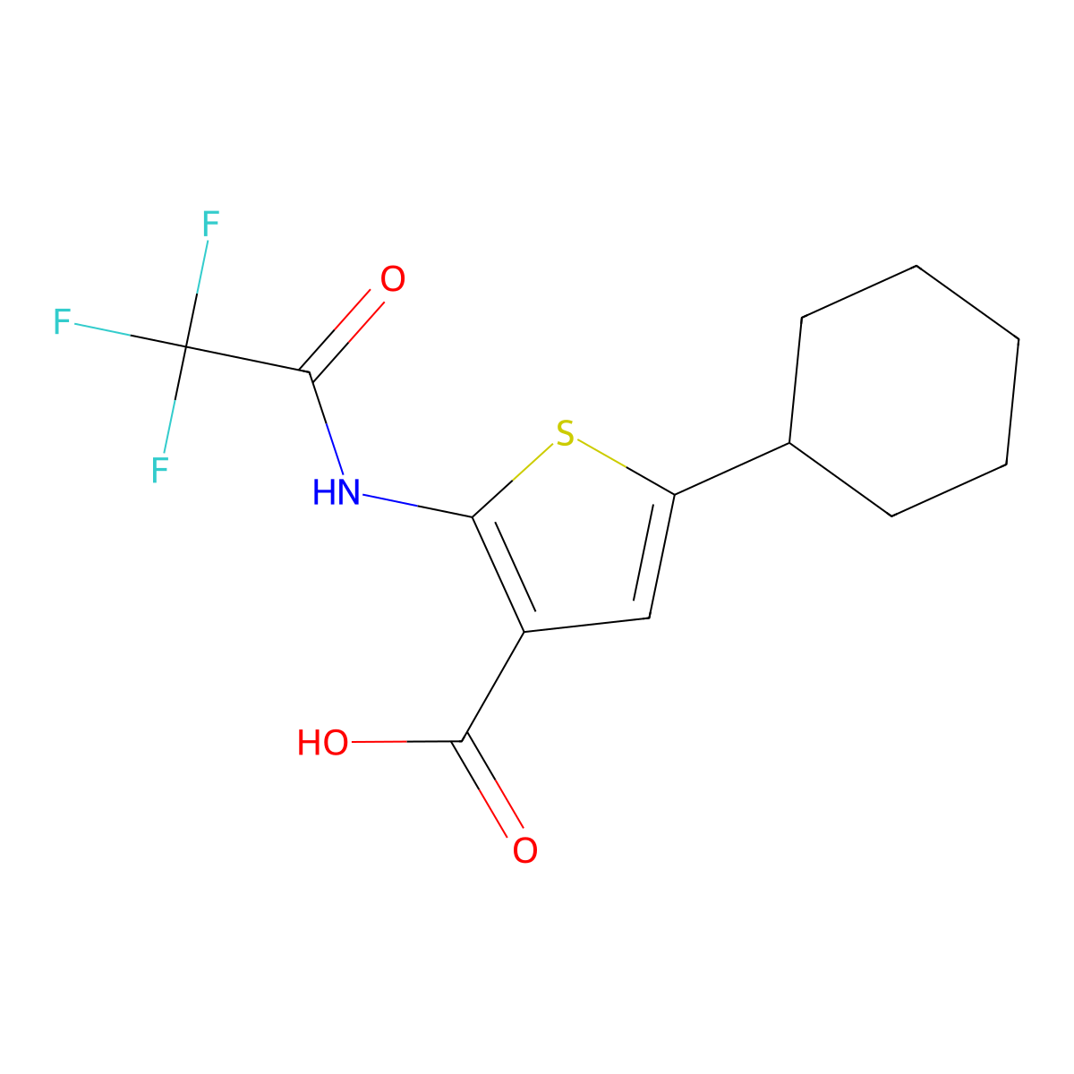 5-Cyclohexyl-2-(2,2,2-trifluoroacetamido)thiophene-3-carboxylic acid molecular structure, CAS 2680688-02-0