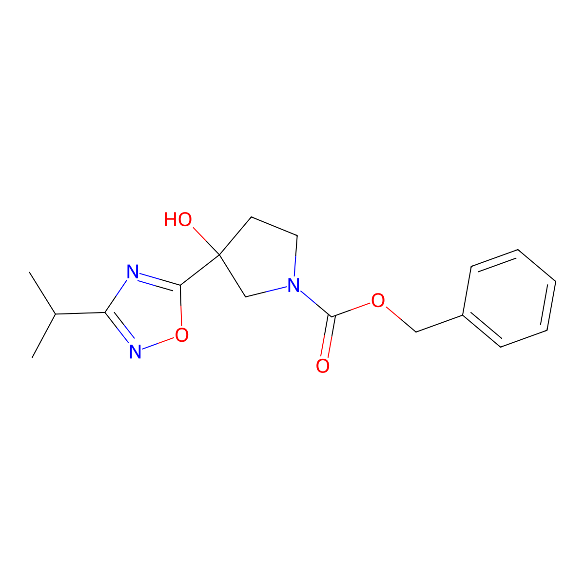 Benzyl 3-hydroxy-3-[3-(propan-2-yl)-1,2,4-oxadiazol-5-yl]pyrrolidine-1-carboxylate molecular structure, CAS 2680688-64-4