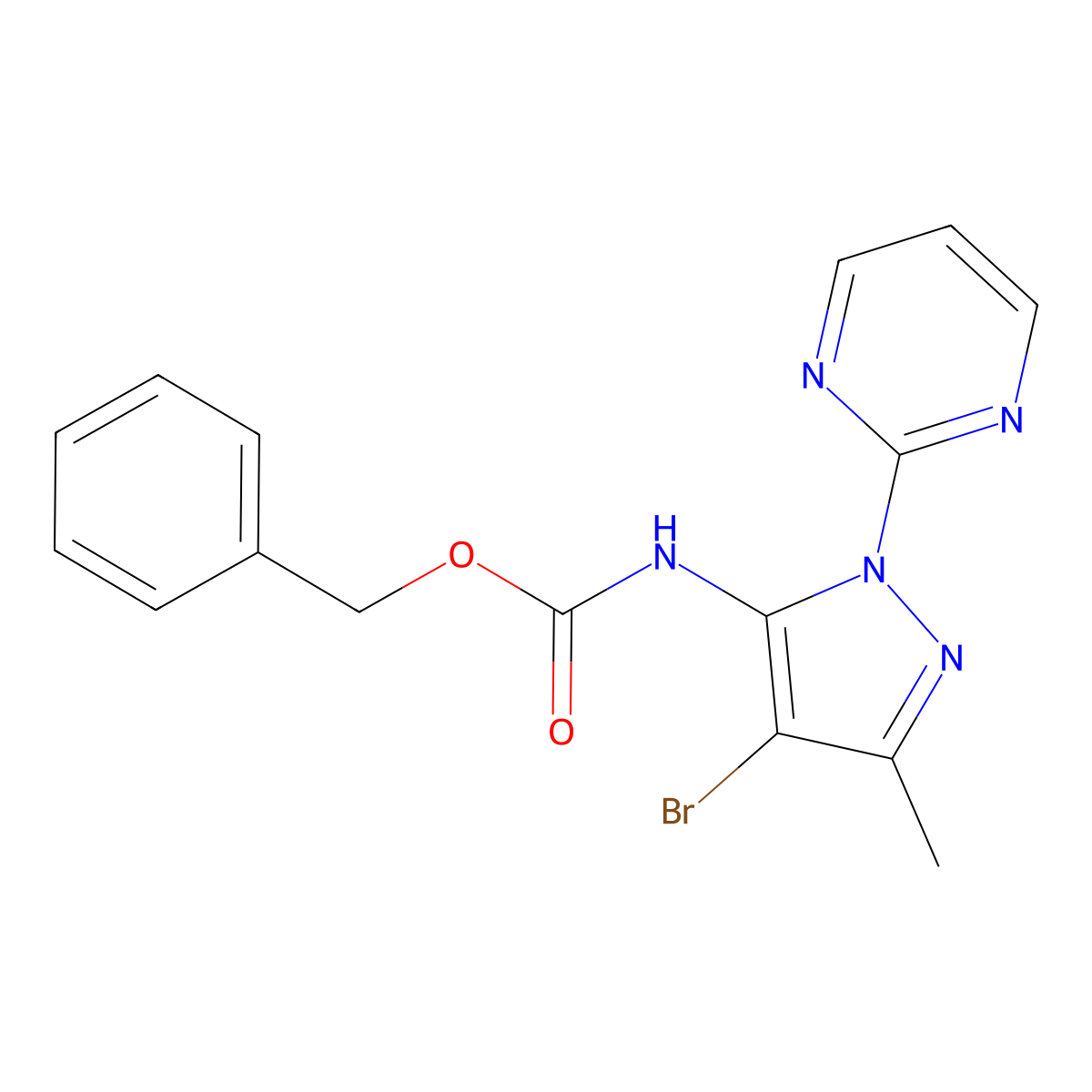 benzyl N-[4-bromo-3-methyl-1-(pyrimidin-2-yl)-1H-pyrazol-5-yl]carbamate molecular structure, CAS 2680688-71-3