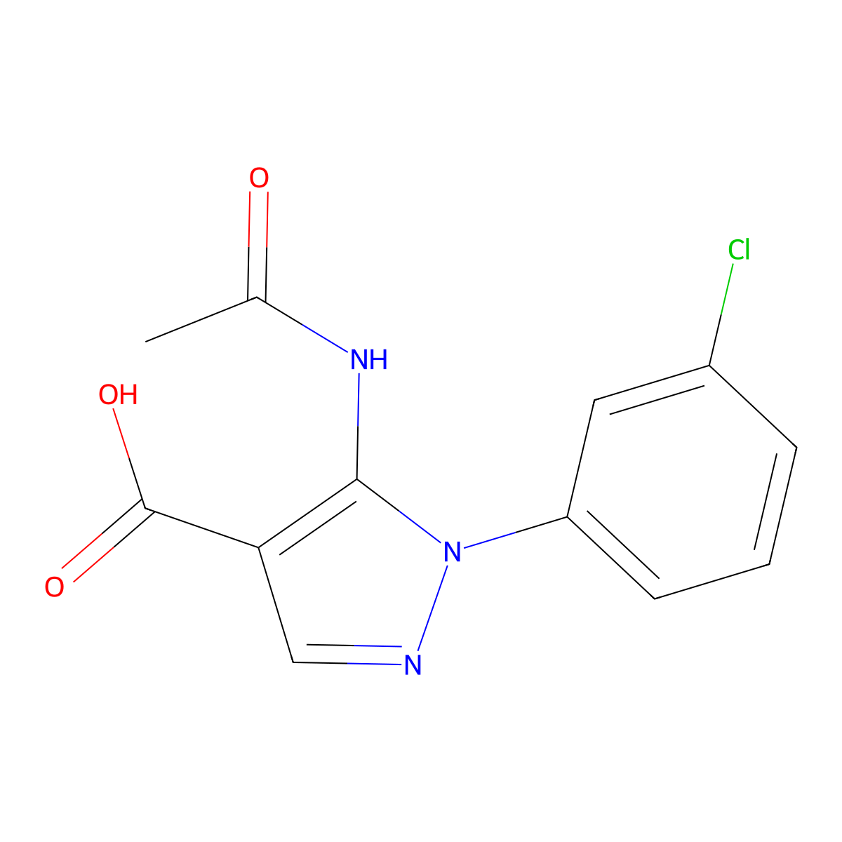 1-(3-chlorophenyl)-5-acetamido-1H-pyrazole-4-carboxylic acid molecular structure, CAS 2680689-00-1