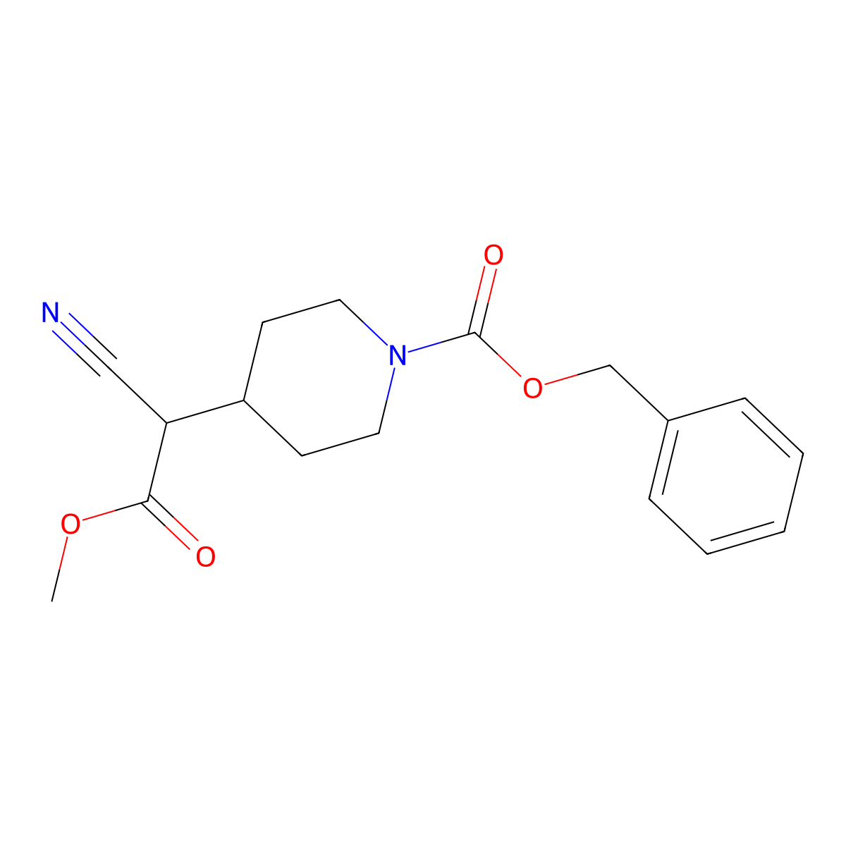 Benzyl 4-(1-cyano-2-methoxy-2-oxoethyl)piperidine-1-carboxylate molecular structure, CAS 2680689-38-5