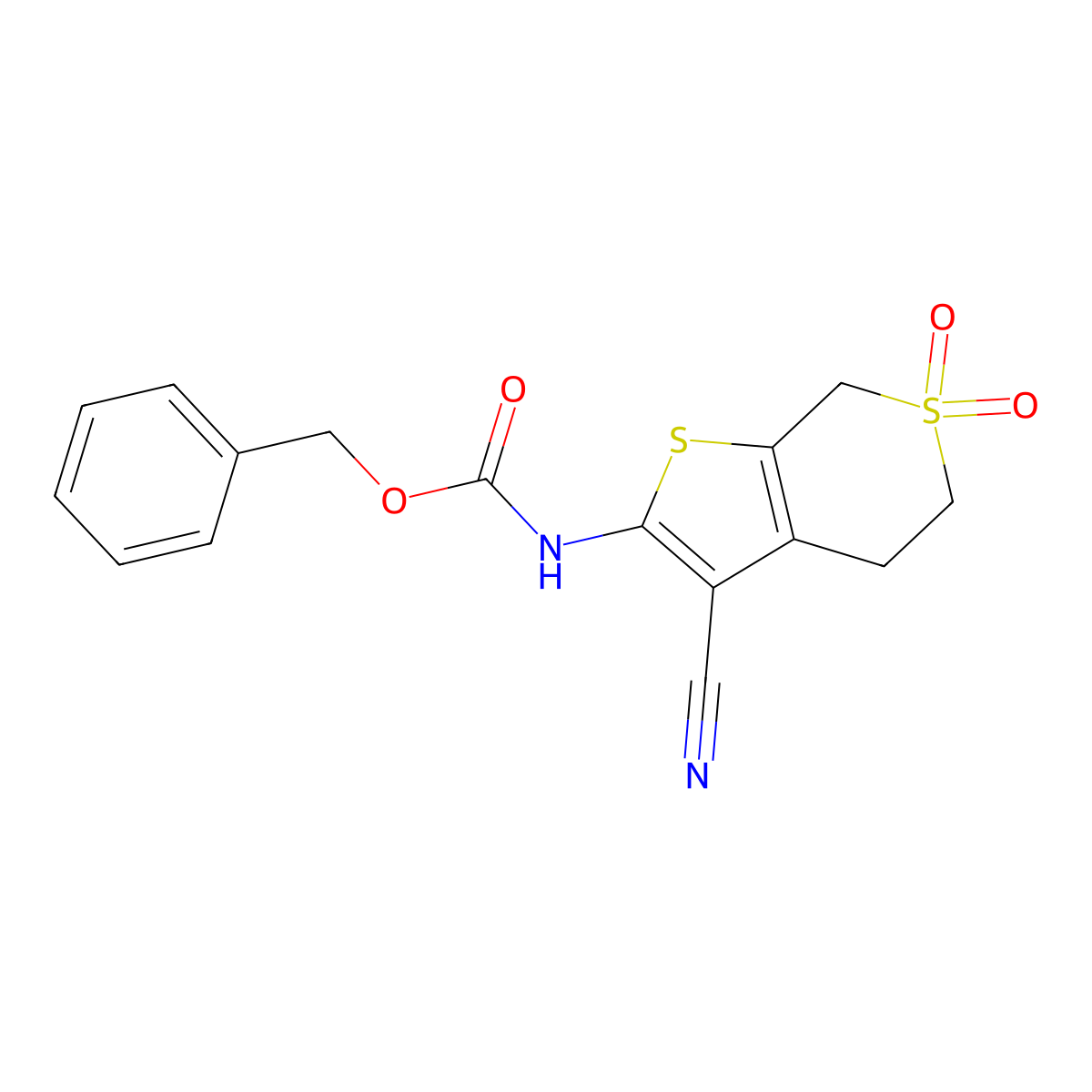 benzyl N-{3-cyano-6,6-dioxo-4H,5H,7H-6lambda6-thieno[2,3-c]thiopyran-2-yl}carbamate molecular structure, CAS 2680689-71-6