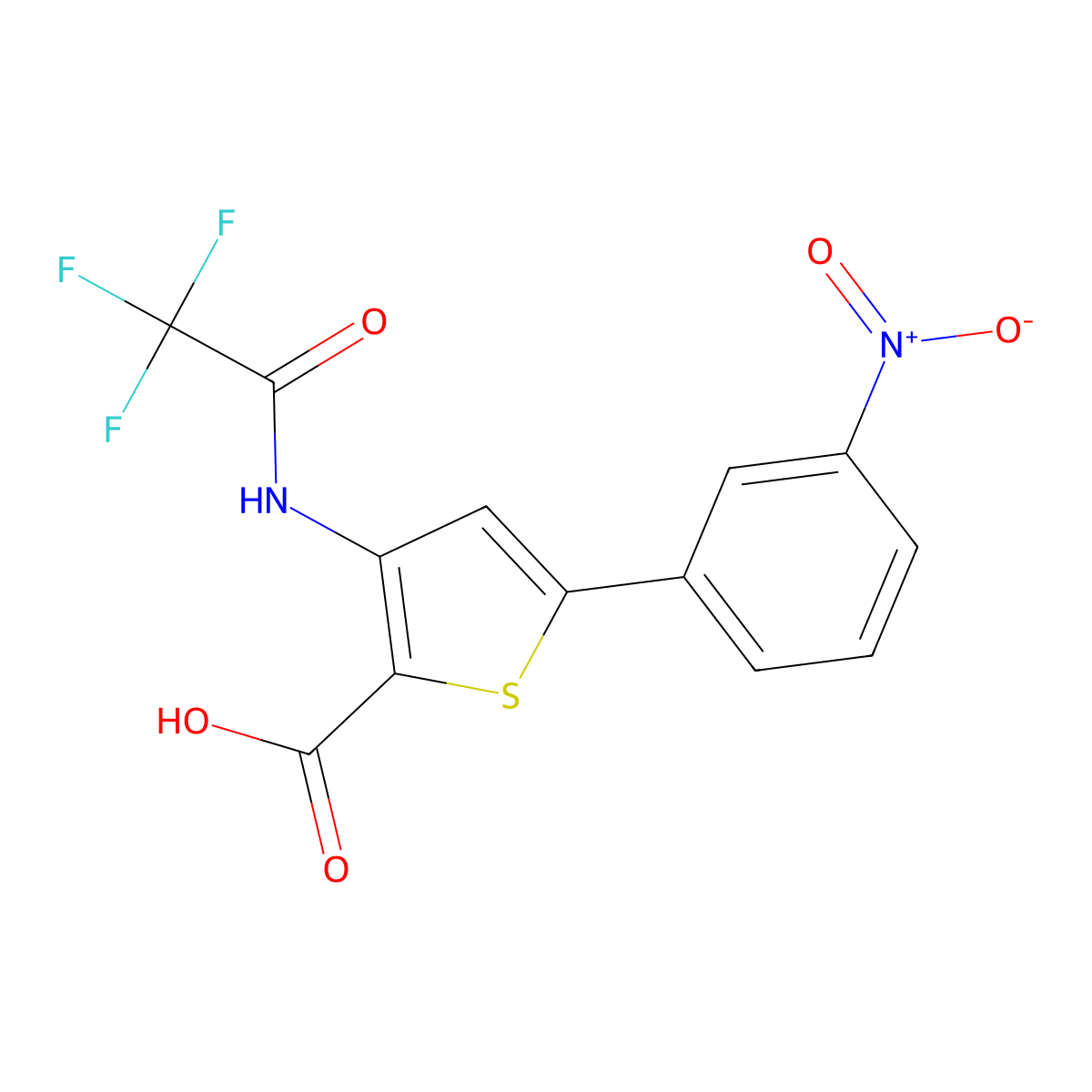 5-(3-Nitrophenyl)-3-(2,2,2-trifluoroacetamido)thiophene-2-carboxylic acid molecular structure, CAS 2680690-30-4