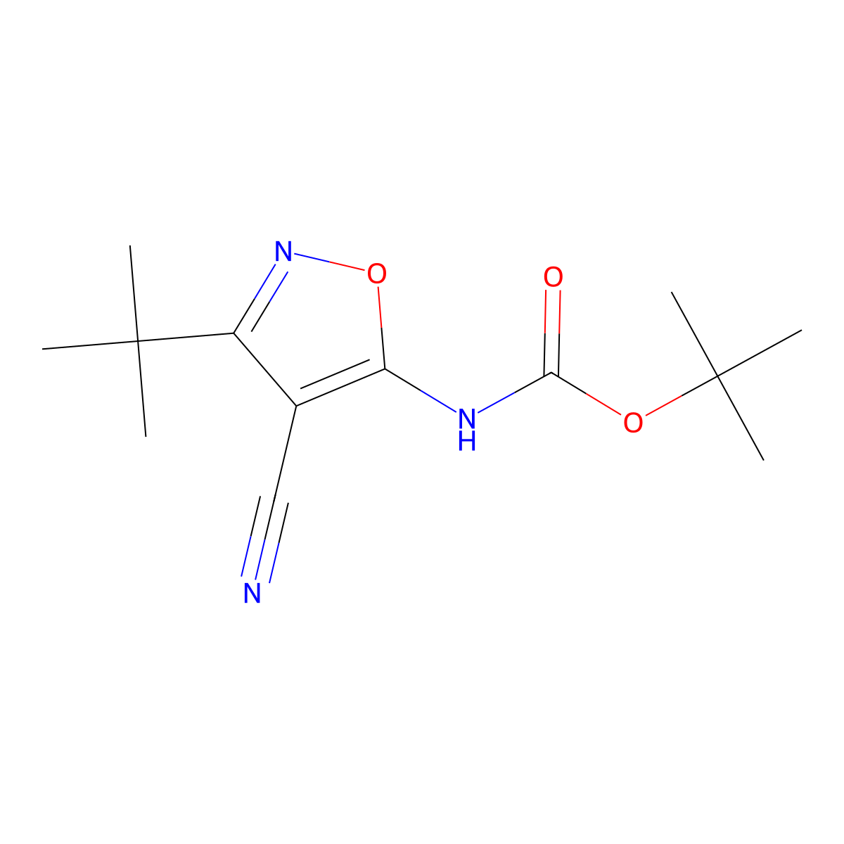 tert-butyl N-(3-tert-butyl-4-cyano-1,2-oxazol-5-yl)carbamate molecular structure, CAS 2680691-23-8
