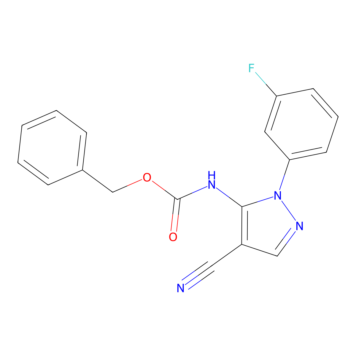 benzyl N-[4-cyano-1-(3-fluorophenyl)-1H-pyrazol-5-yl]carbamate molecular structure, CAS 2680691-56-7