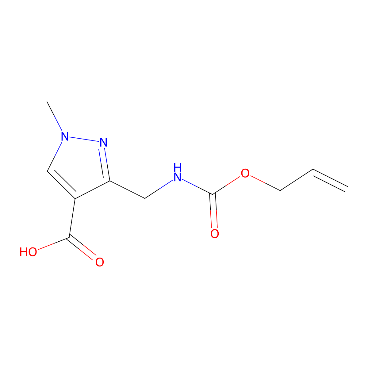 1-methyl-3-({[(prop-2-en-1-yloxy)carbonyl]amino}methyl)-1H-pyrazole-4-carboxylic acid molecular structure, CAS 2680691-59-0