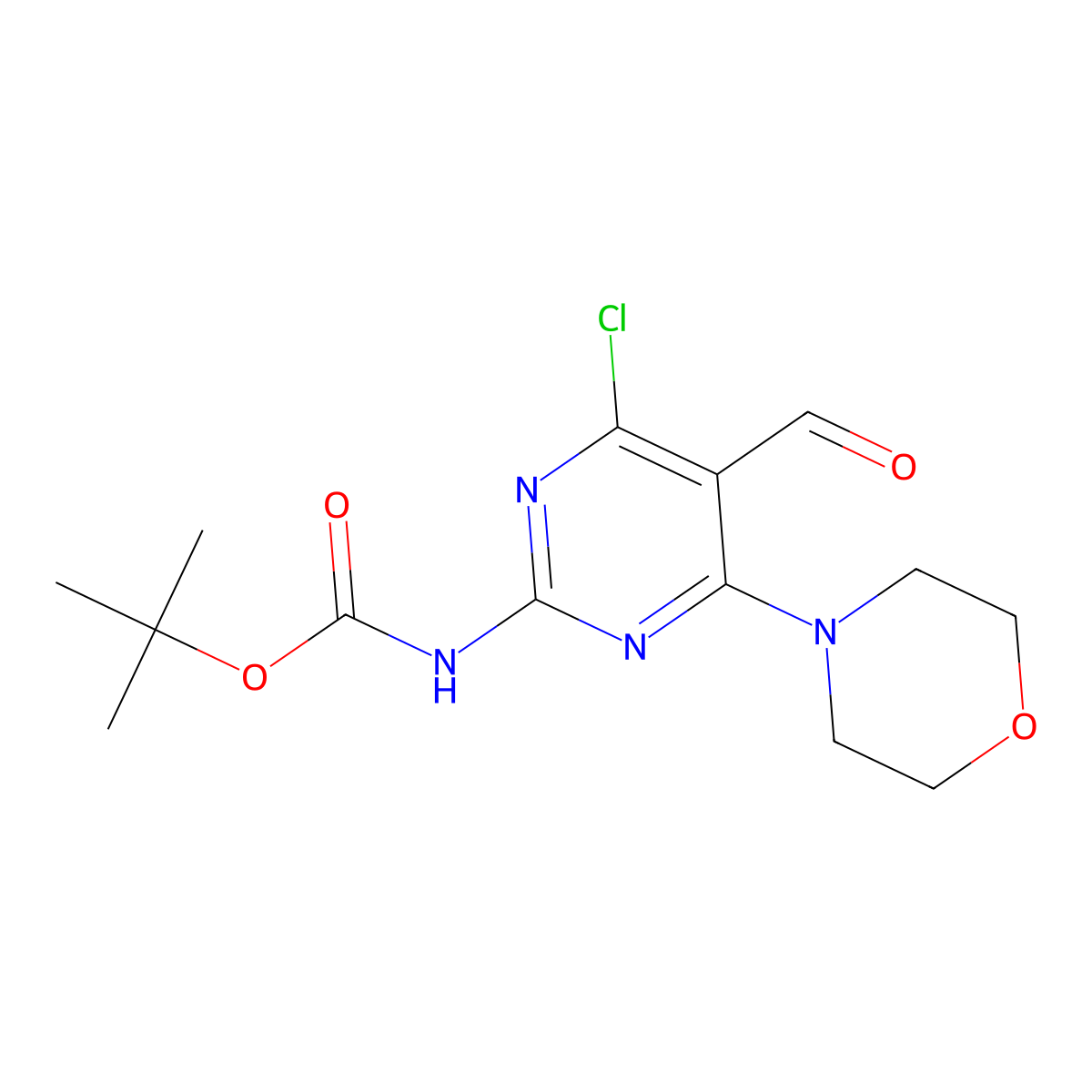 tert-butyl N-[4-chloro-5-formyl-6-(morpholin-4-yl)pyrimidin-2-yl]carbamate molecular structure, CAS 2680691-68-1
