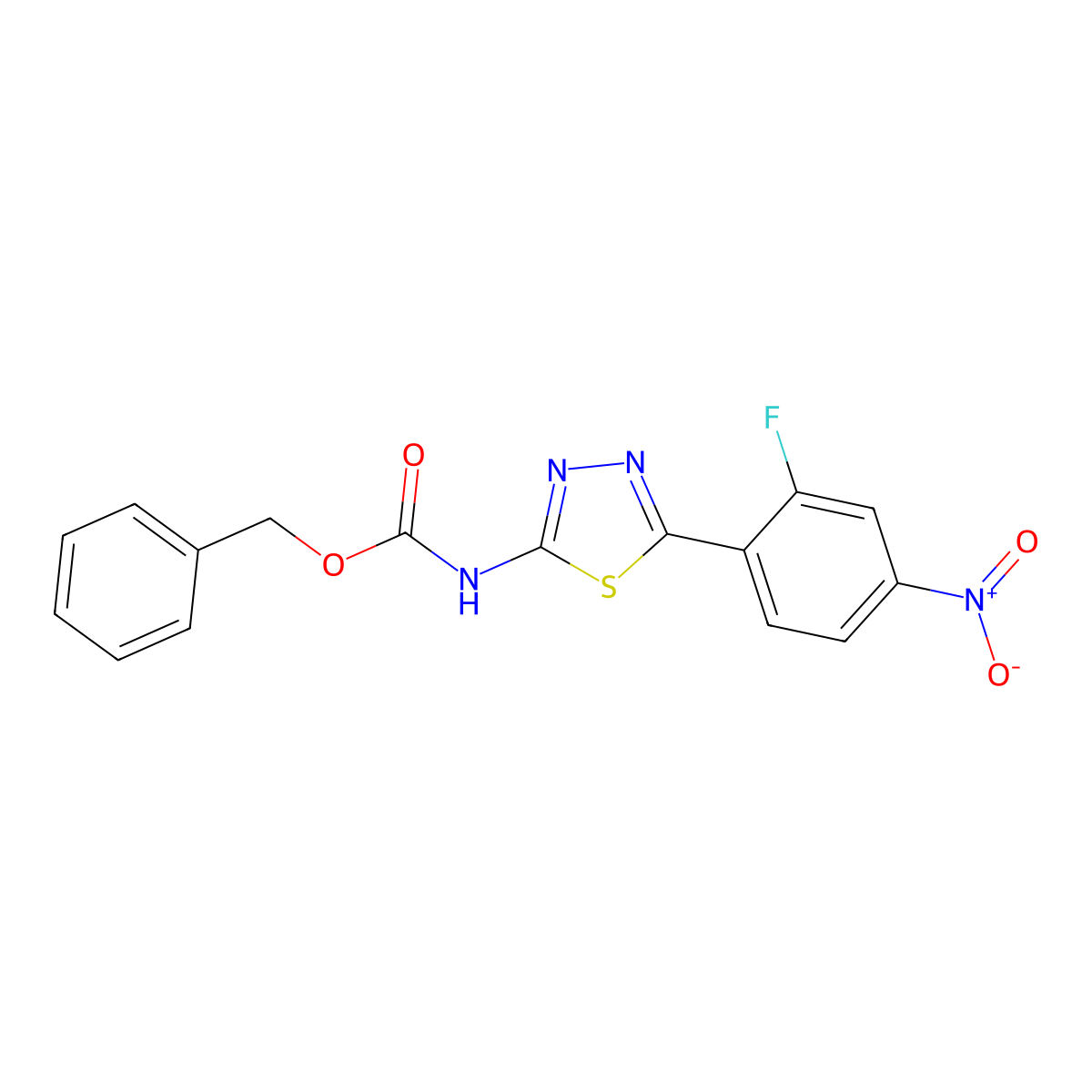 benzyl N-[5-(2-fluoro-4-nitrophenyl)-1,3,4-thiadiazol-2-yl]carbamate molecular structure, CAS 2680693-05-2