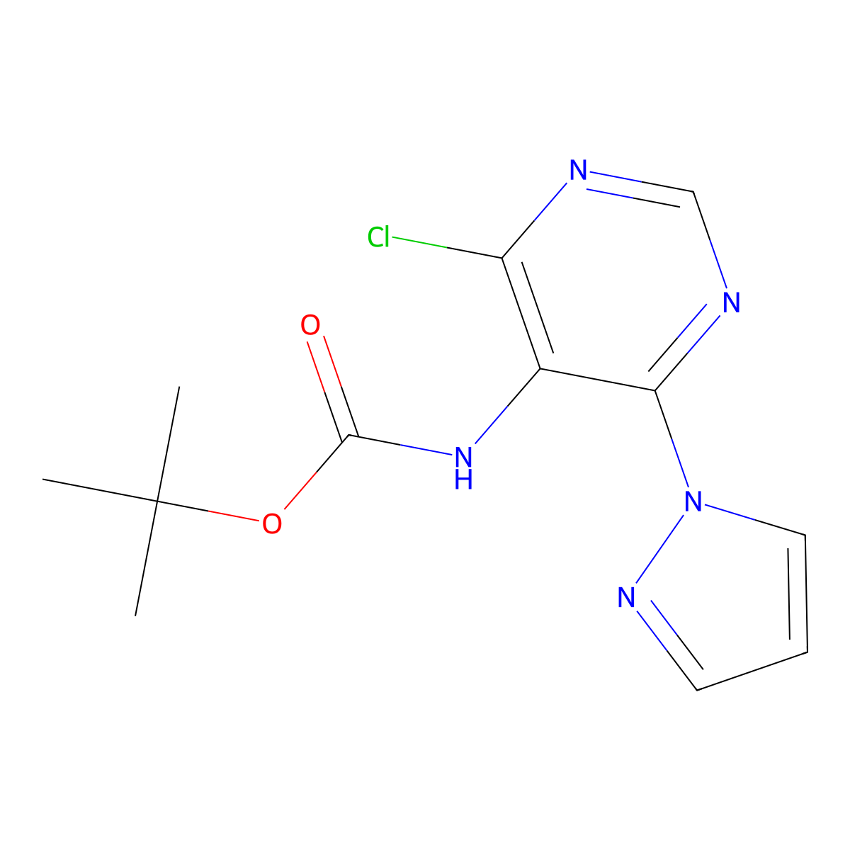 tert-butyl N-[4-chloro-6-(1H-pyrazol-1-yl)pyrimidin-5-yl]carbamate molecular structure, CAS 2680693-10-9