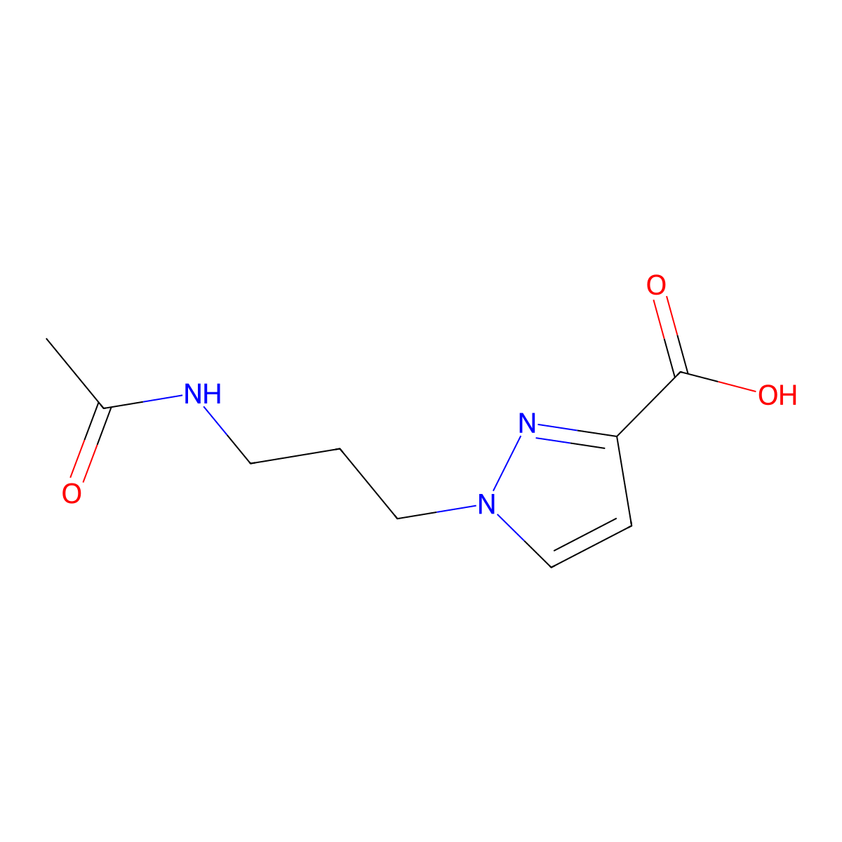 1-(3-acetamidopropyl)-1H-pyrazole-3-carboxylic acid molecular structure, CAS 2680693-19-8