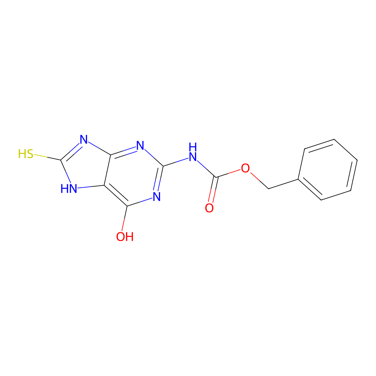 benzyl N-(6-hydroxy-8-sulfanyl-7H-purin-2-yl)carbamate molecular structure, CAS 2680693-26-7